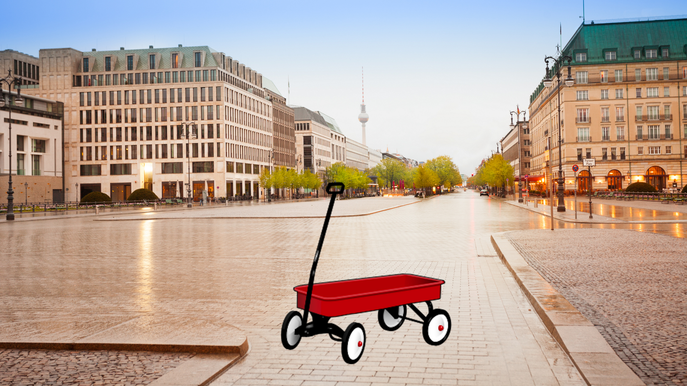 a wagon sits in the near-empty Pariser Platz in Berlin, Germany