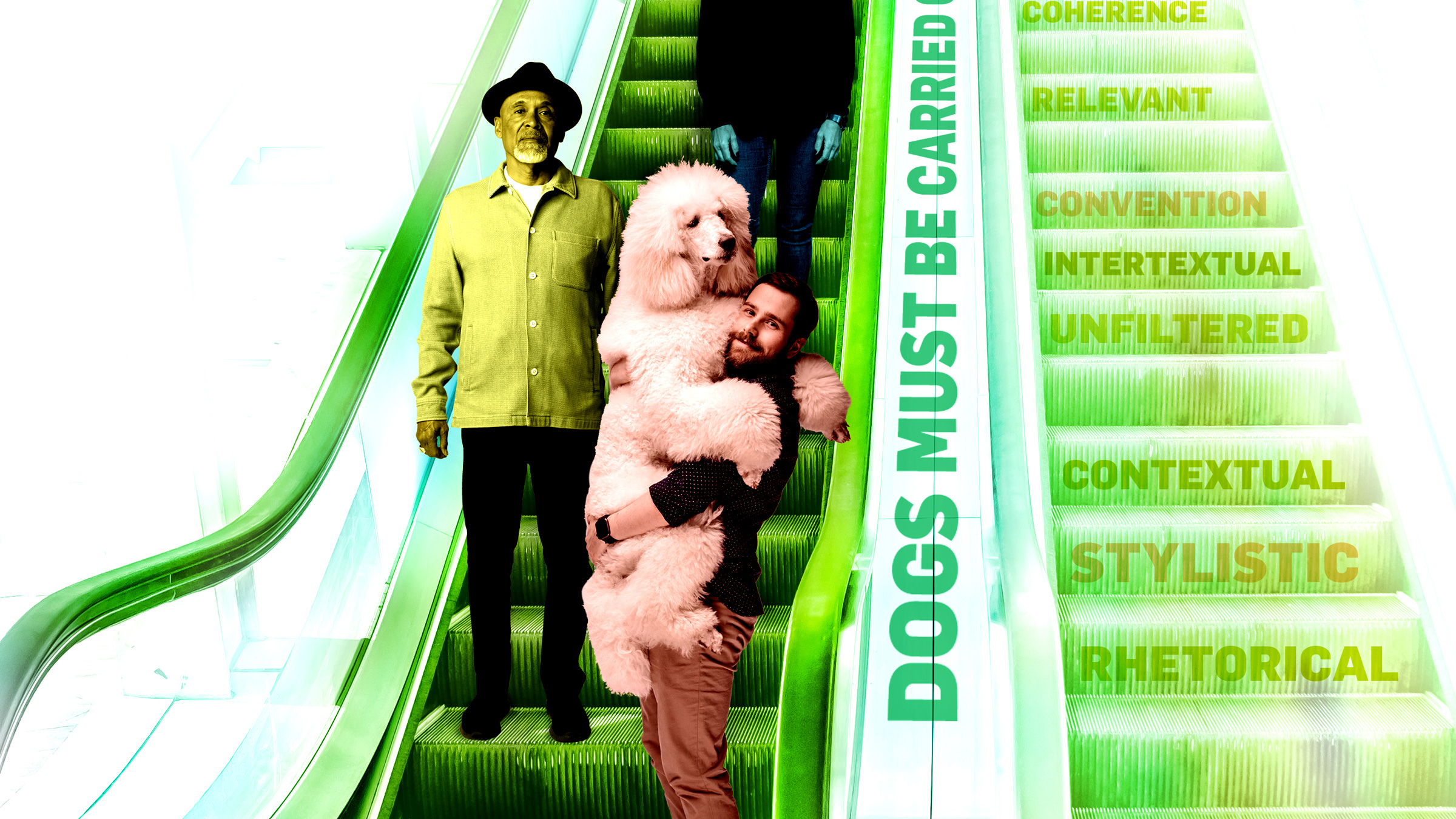 man holds a poodle while riding an escalator