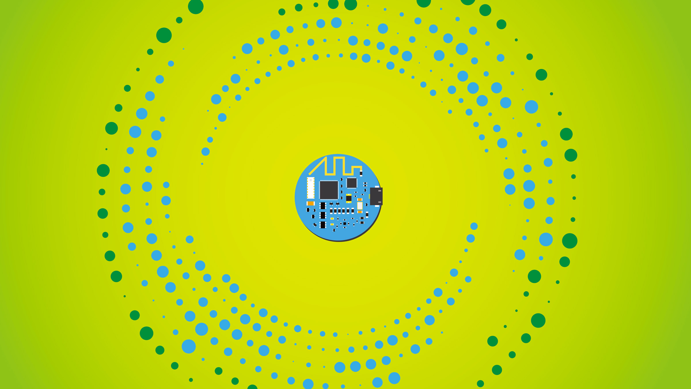 tiny, round circuit board at center of circles of dots, illustration