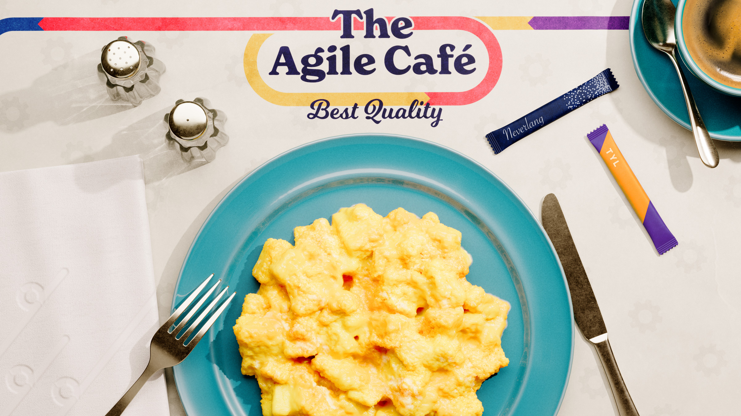 place-setting with a plate of scrambled eggs on a table marked 'The Agile Café'