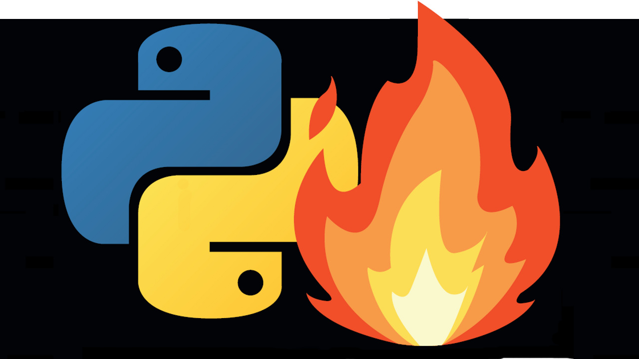 Python logo next to a flame, illustration