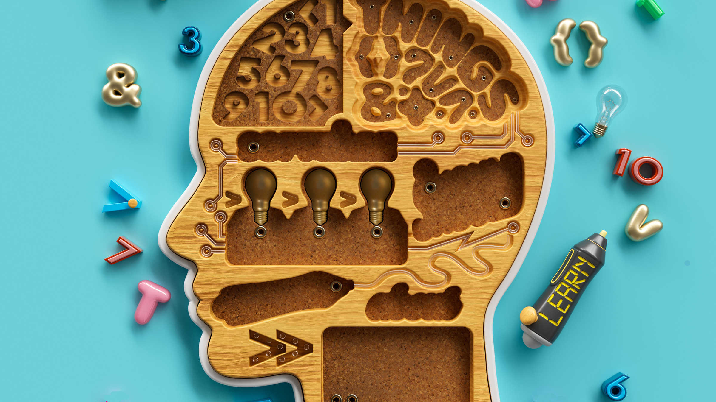 pieces surround a 3D puzzle of a person's head in profile, illustration