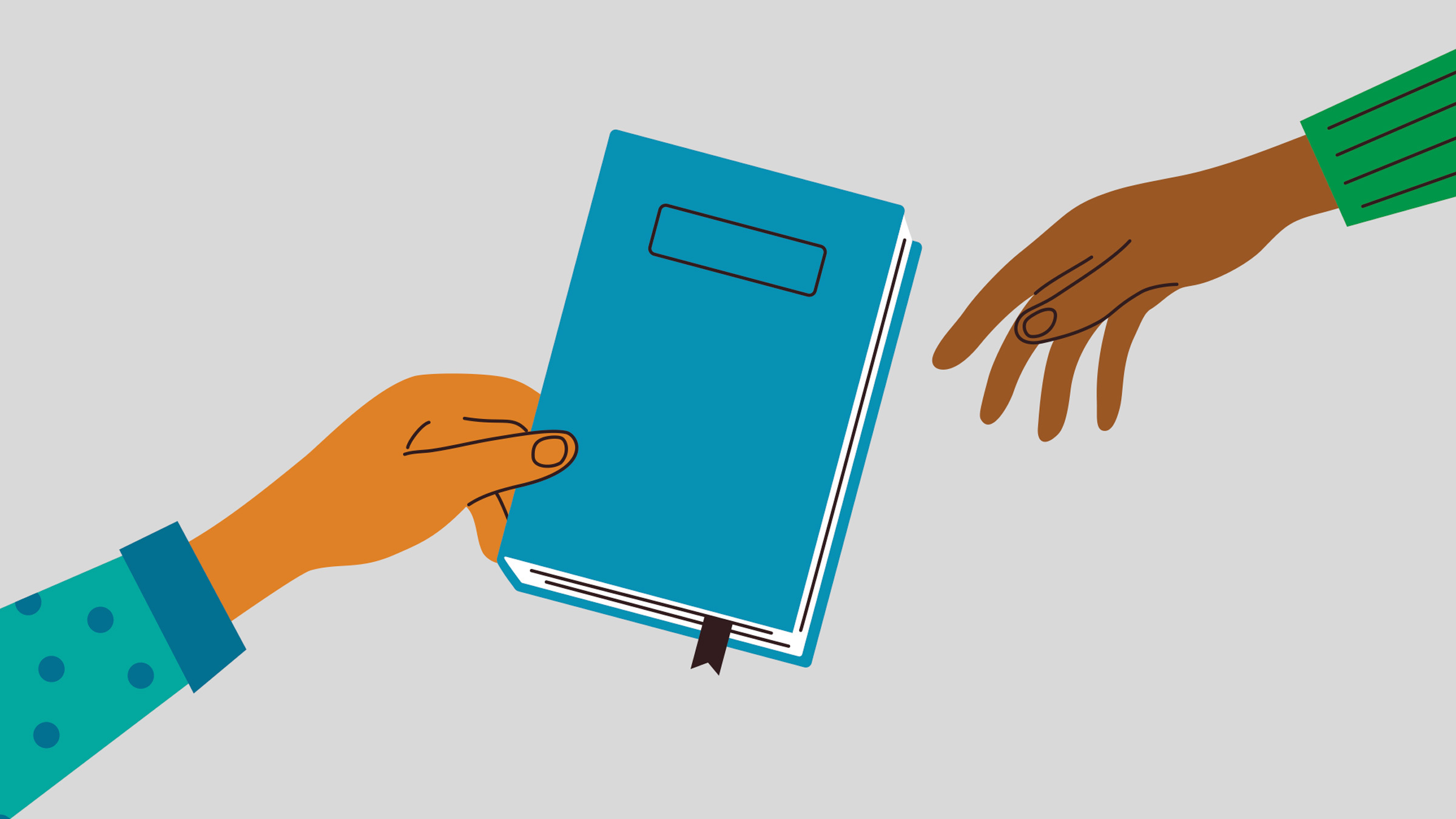 one hand passing a notebook to another hand, illustration