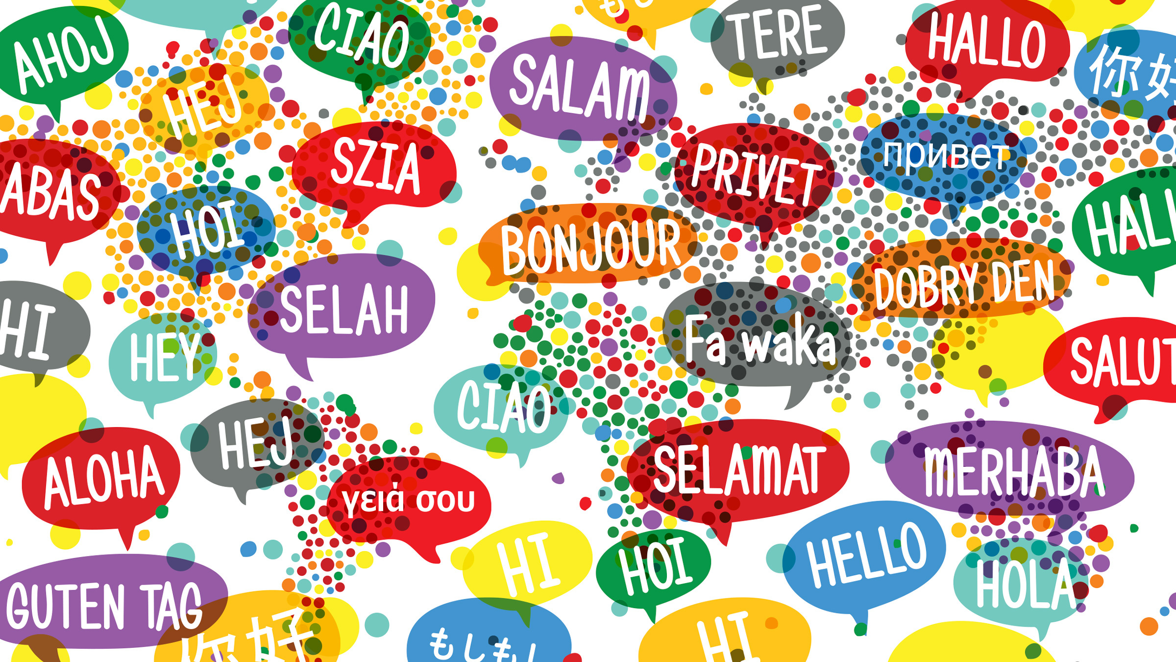 foreign-language words in colorful word balloons