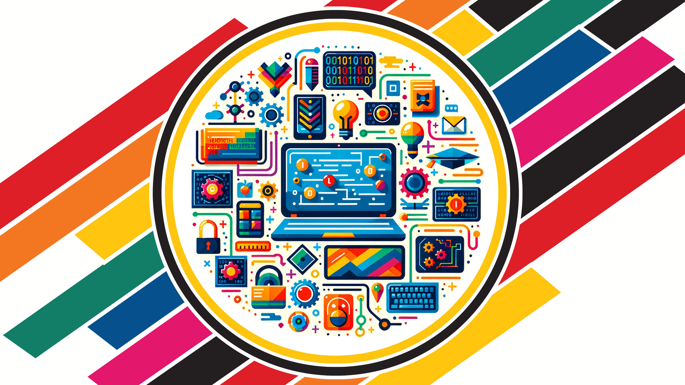 watch face crowded with computing education icons, illustration