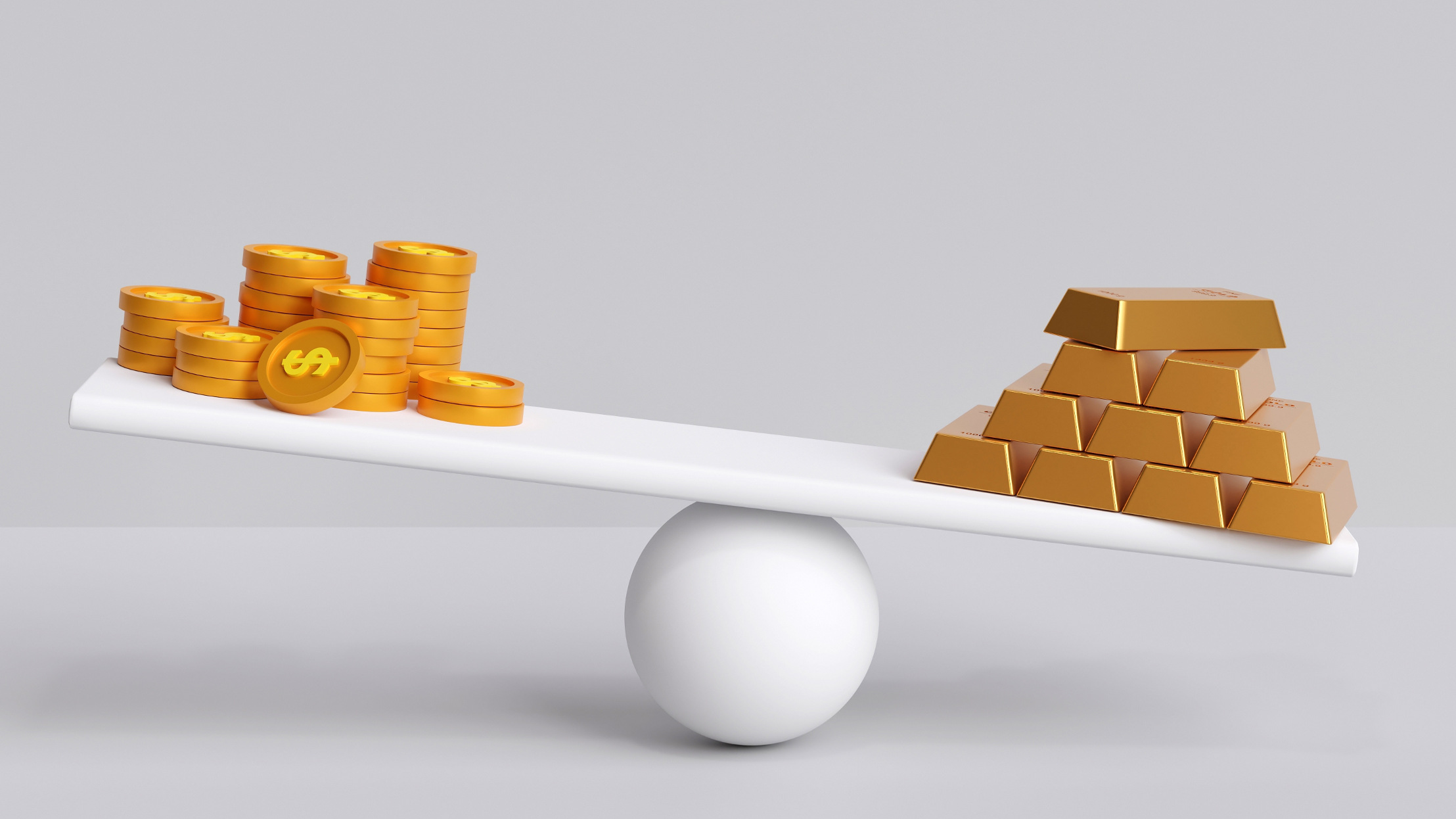 coins and gold bars on separate sides of a seesaw