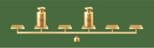 gold weights on a balance scale, illustration