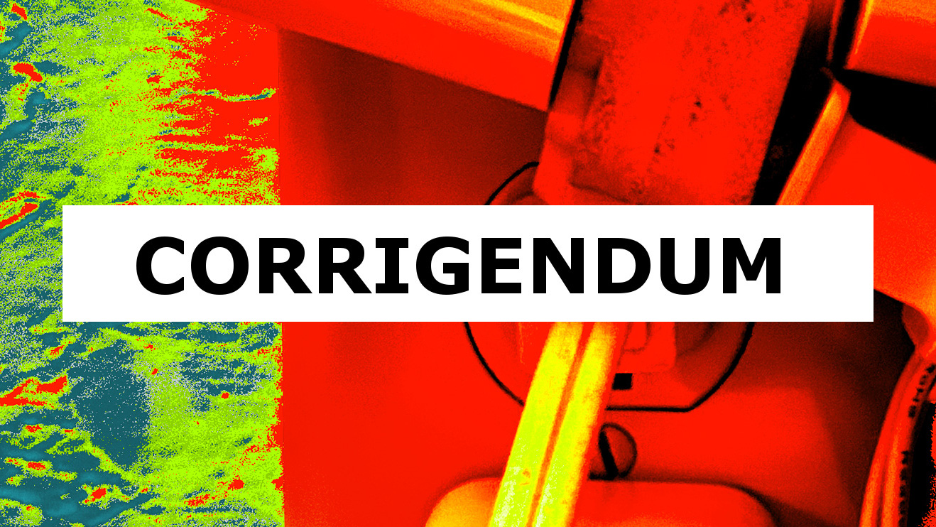'Corrigendum' text on image of overcrowded adapters in power outlet, illustration