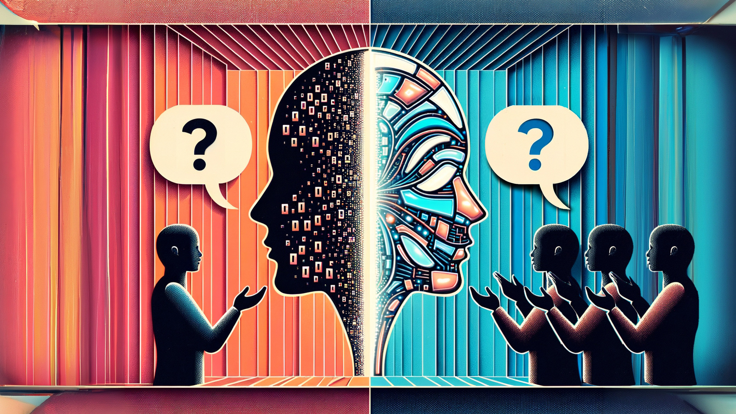 automated face asks a question; individuals query a different automated face, illustration