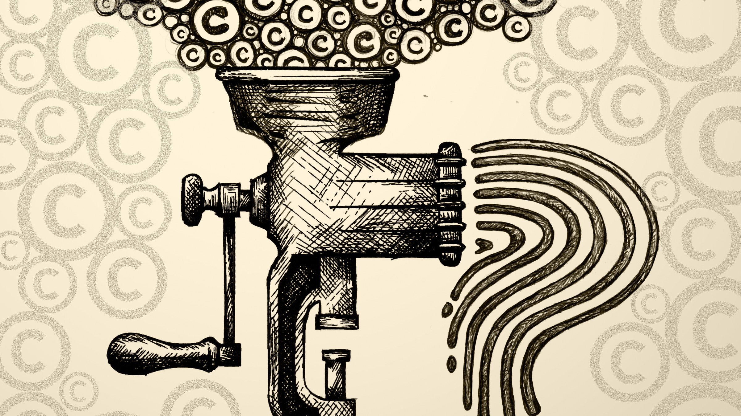 copyright symbols being fed into a hand grinder, illustration