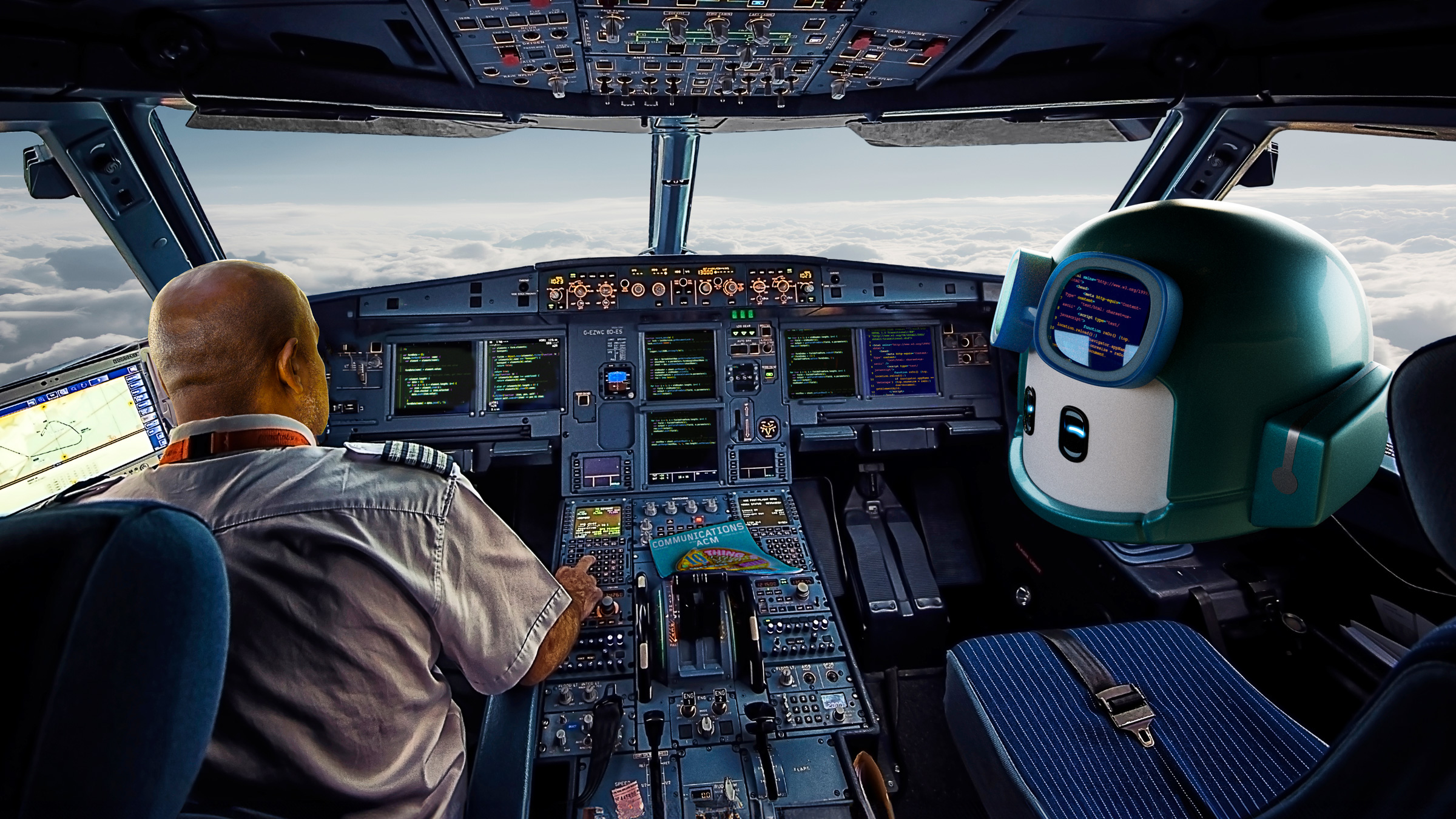 robotic chatbot in copilot seat of aircraft cockpit