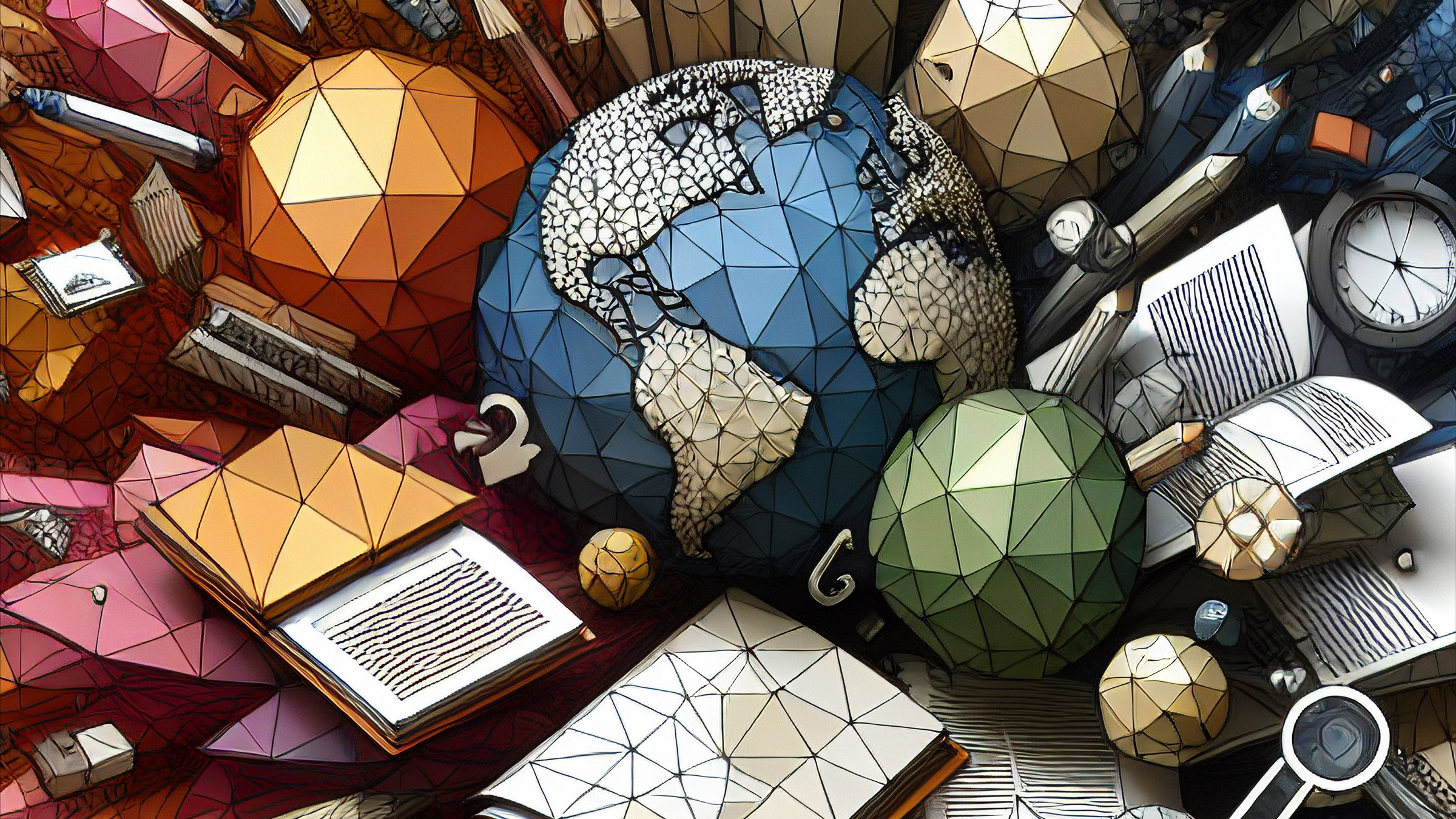 globe amidst books, pencils, and other items, illustration
