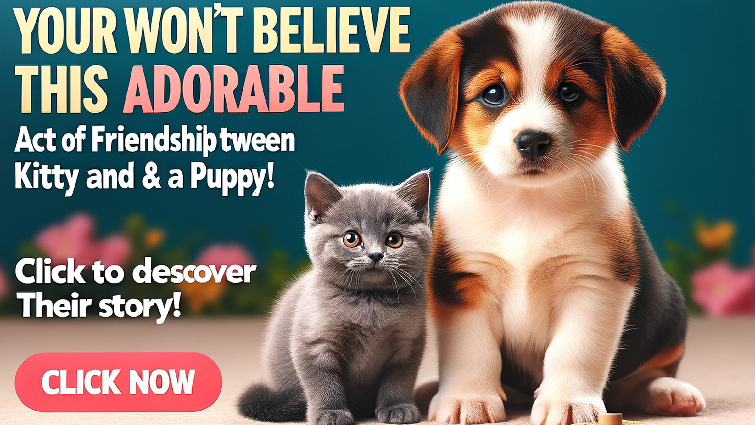 AI-generated image of a kitten and puppy in a clickbait ad, illustration