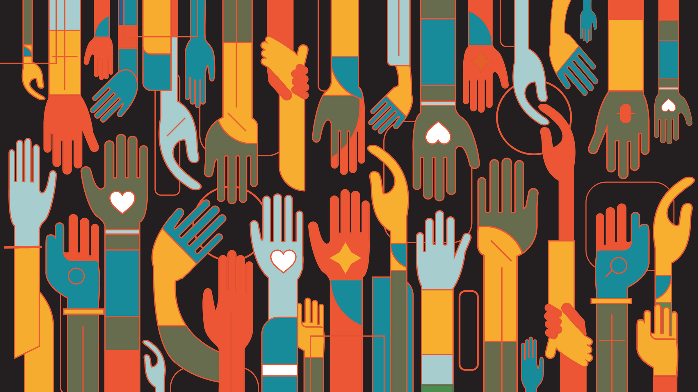 two rows of hands reaching towards each other, illustration