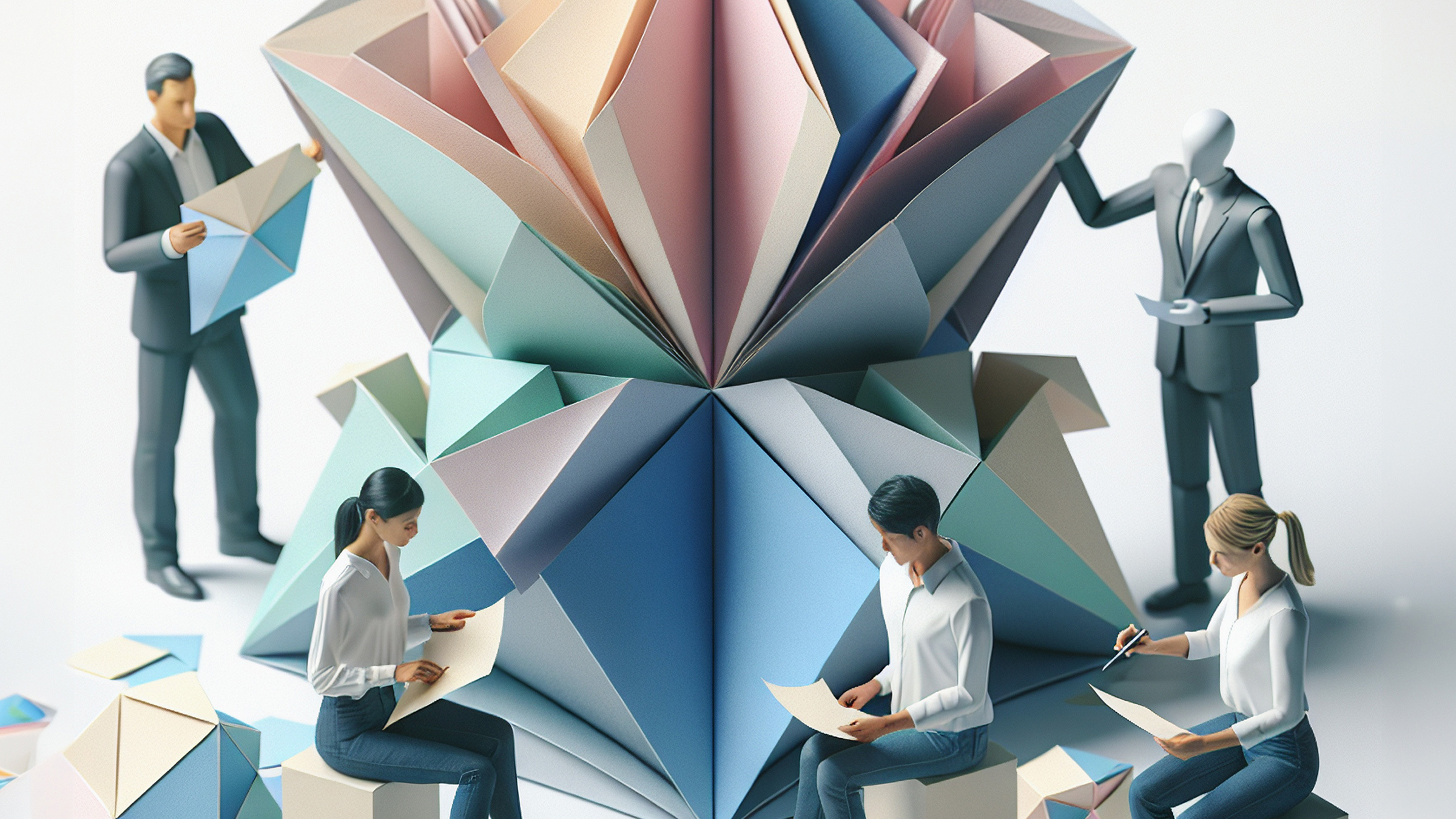 giant origami art surrounded by sitting and standing workers, illustration