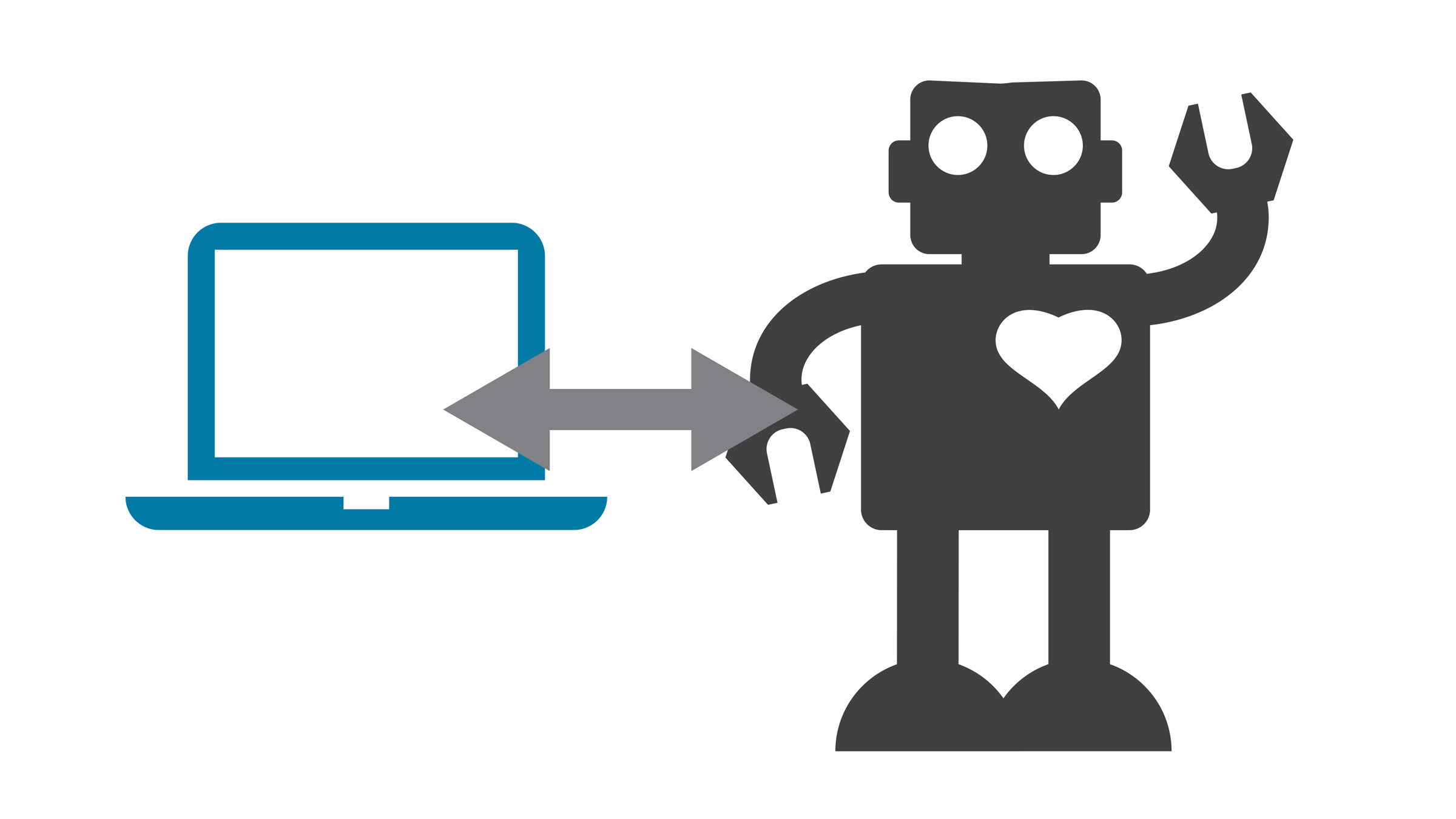 robot with heart on chest stands next to a computer display and keyboard, illustration