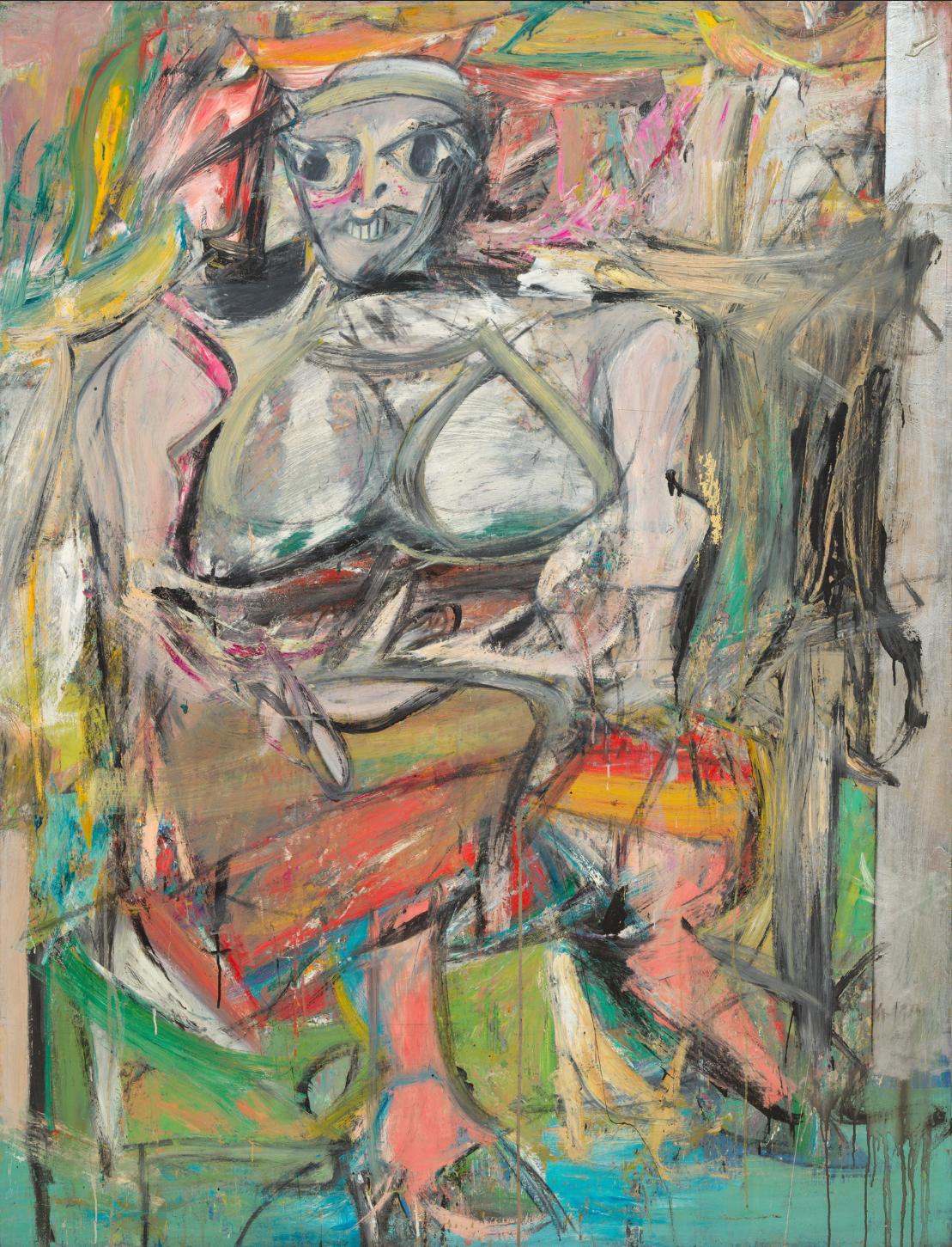 Willem de Kooning’s Woman I (1950–52), Museum of Modern Art, illustrates Abstract Expressionism’s emphasis on bold visible brush strokes, unnatural colors, and distortion of form, and more.