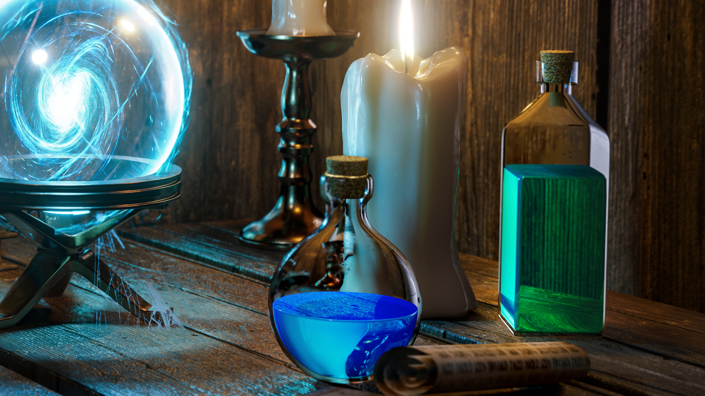 colored liquid in glass bottles next to a candle, illustration