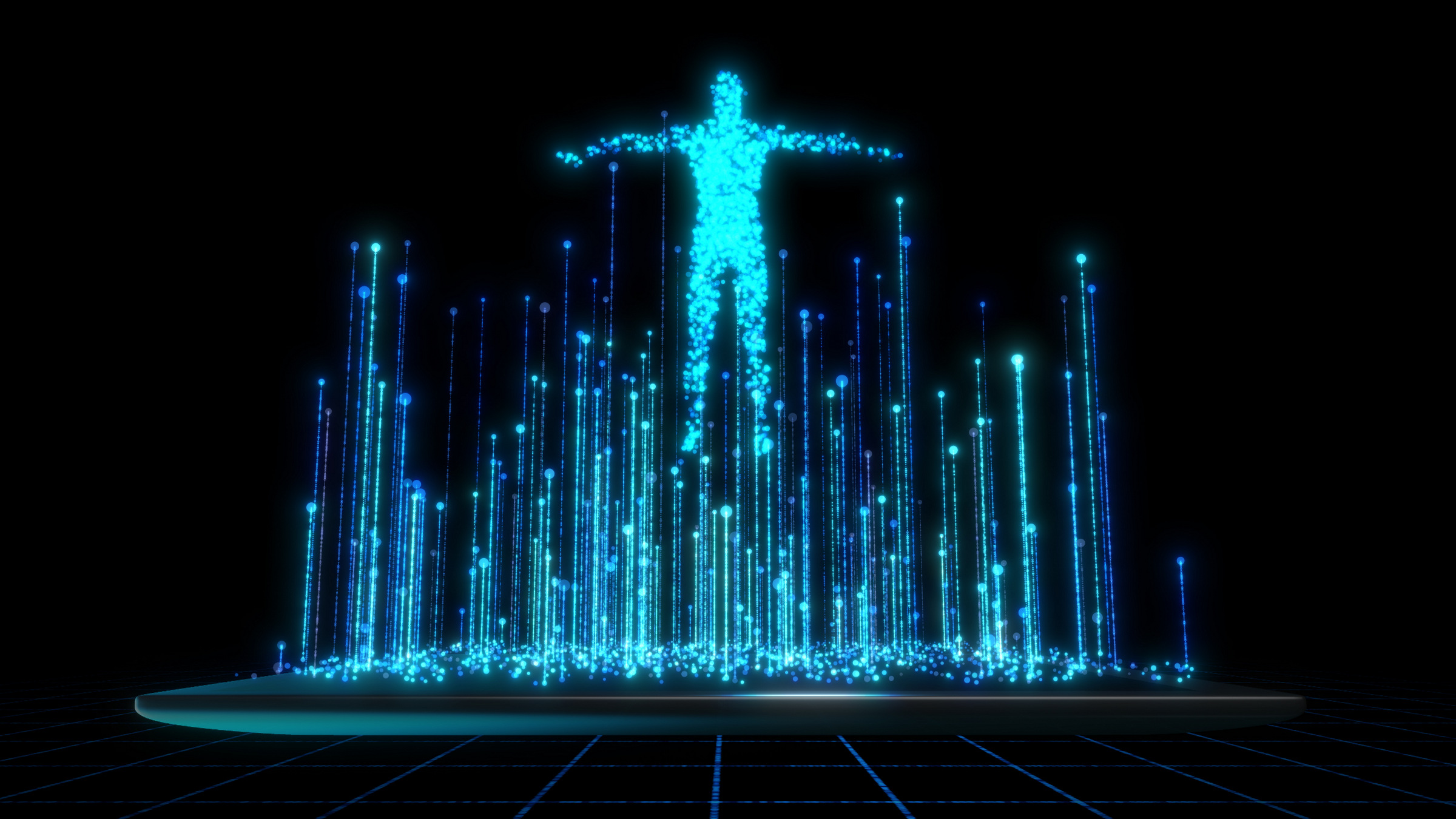 Credit: Getty Images Figure floating amidst vertical beams of light, illustration