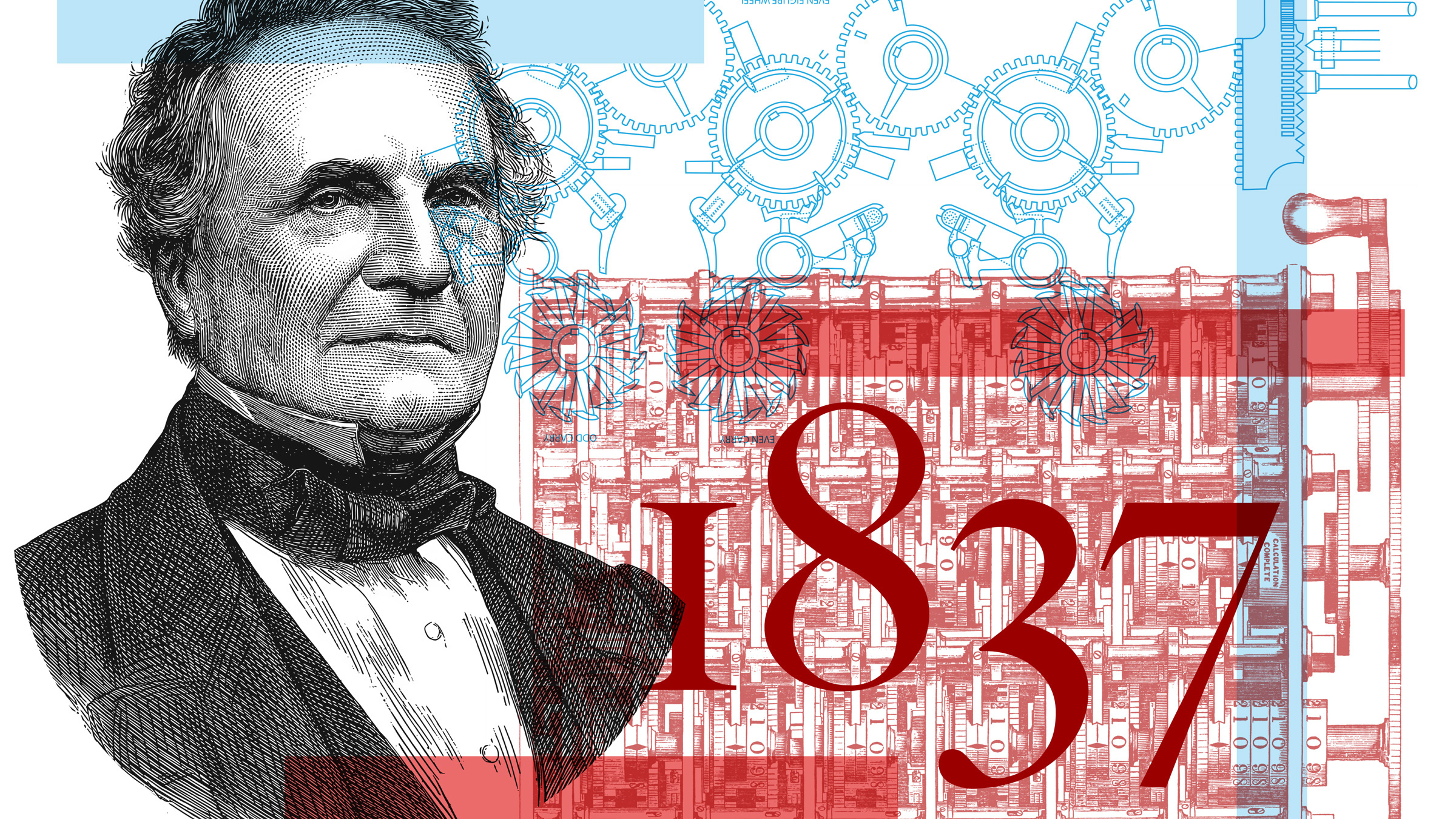 Credit: Andrij Borys Associates, Shutterstock Charles Babbage, gears, sketch of the Analytical Engine, and the date 1837, illustration