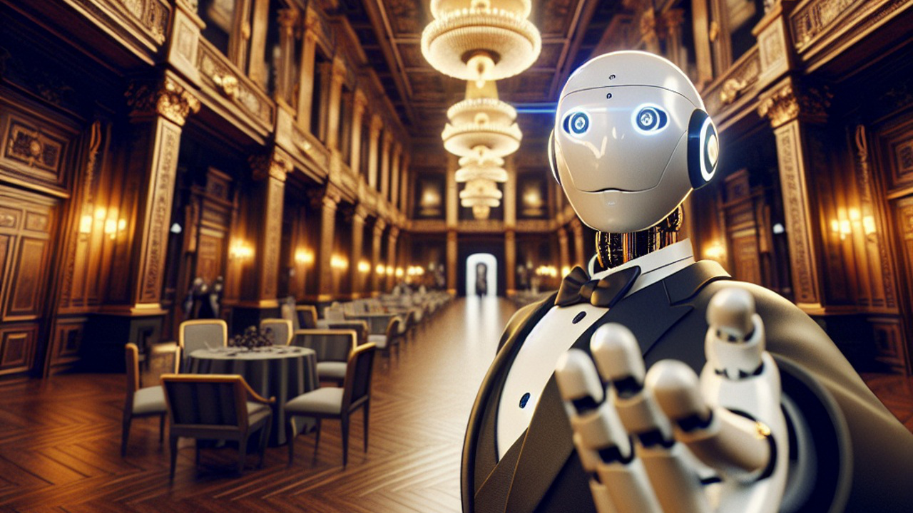 Credit: Shutterstock humanoid robot wearing a tuxedo in a spacious room extends a welcoming hand, illustration
