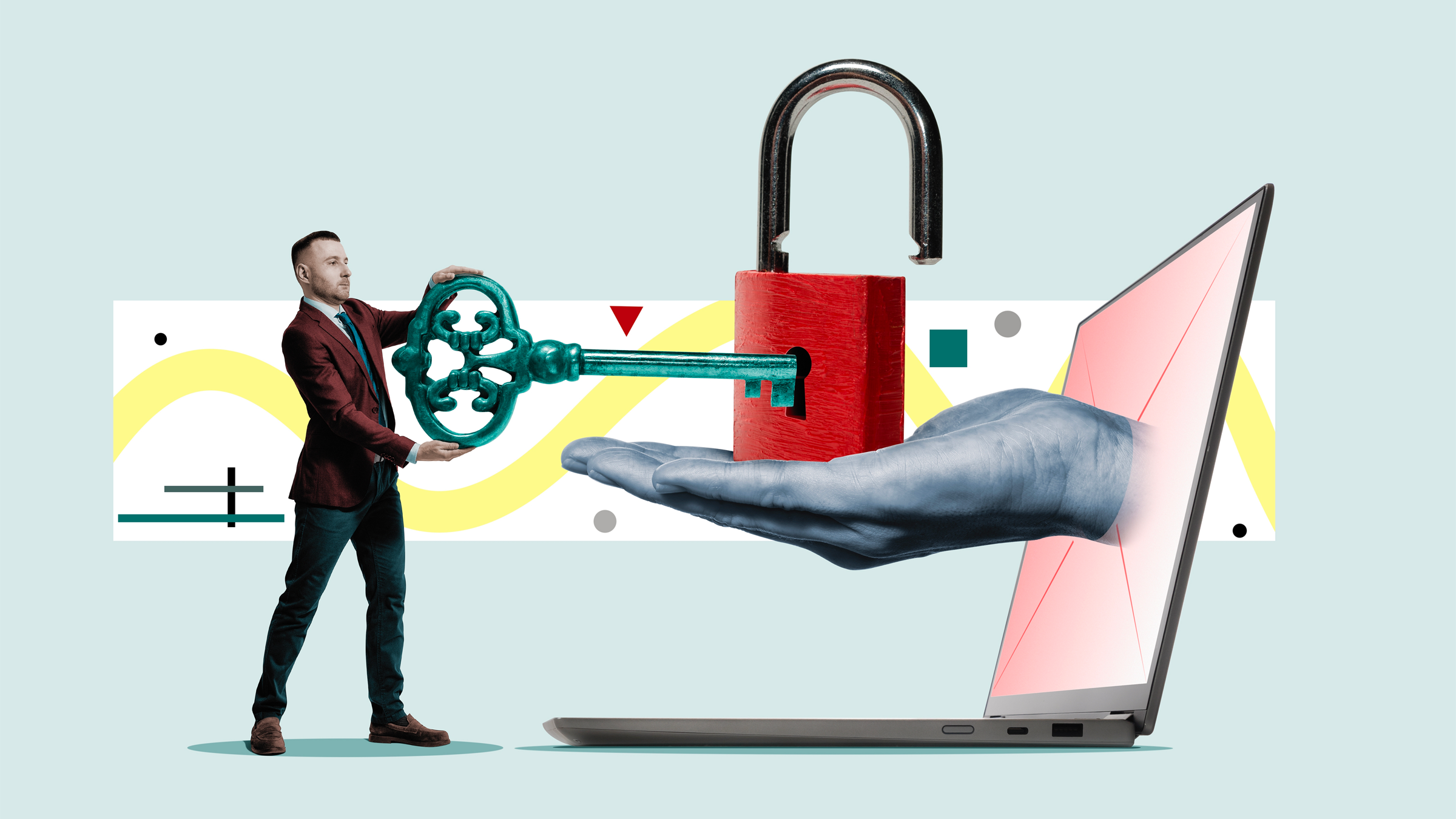 Illustration of a person unlocking a lock, held by a hand extending from a laptop.