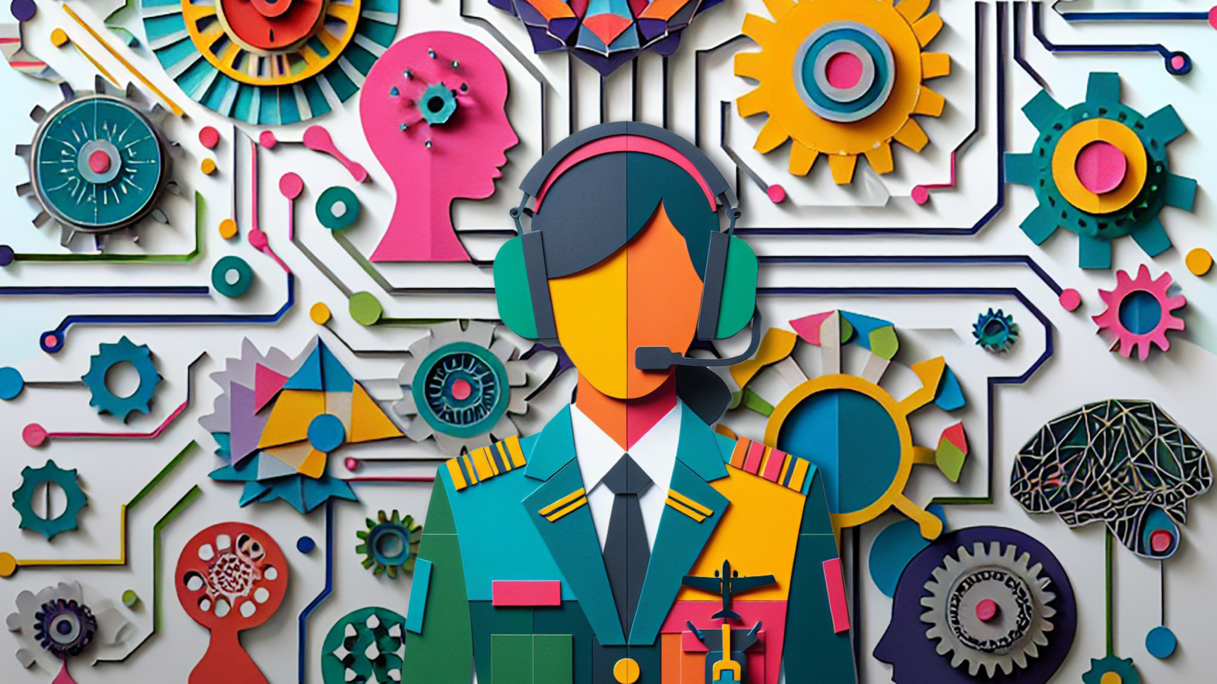pilot in headset and uniform, surrounded by colorful gear icons, illustration