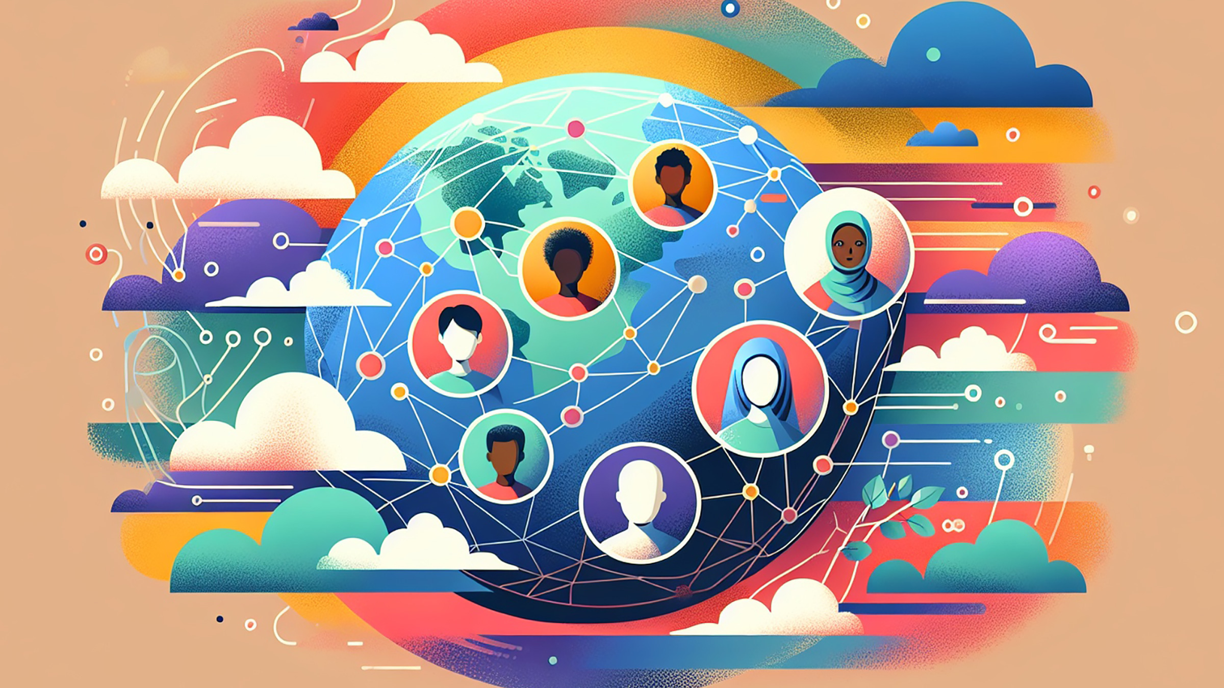 encircled faces and clouds above the Earth and a connected network, illustration