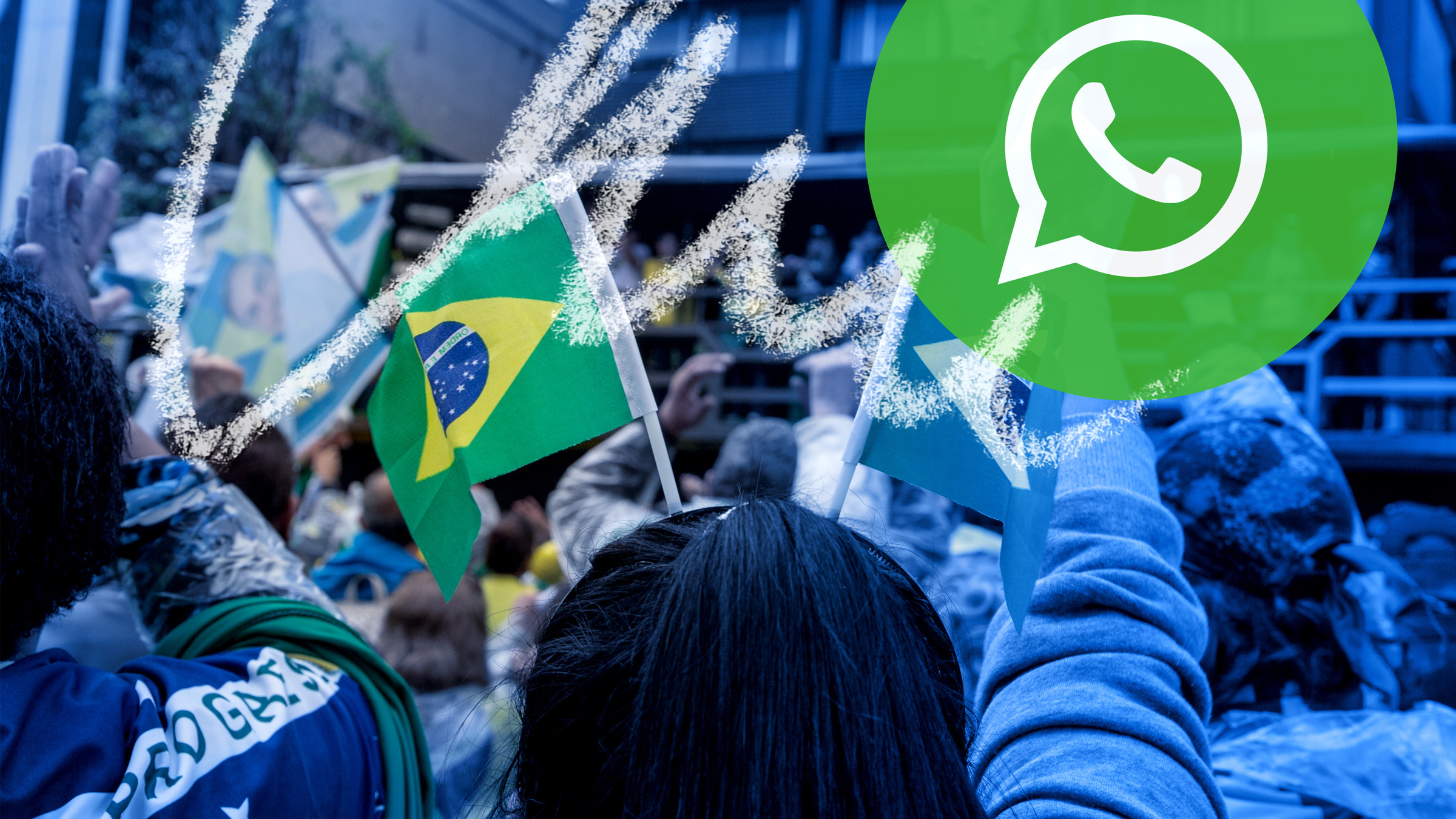 WhatsApp logo over street demonstrations in Brazil