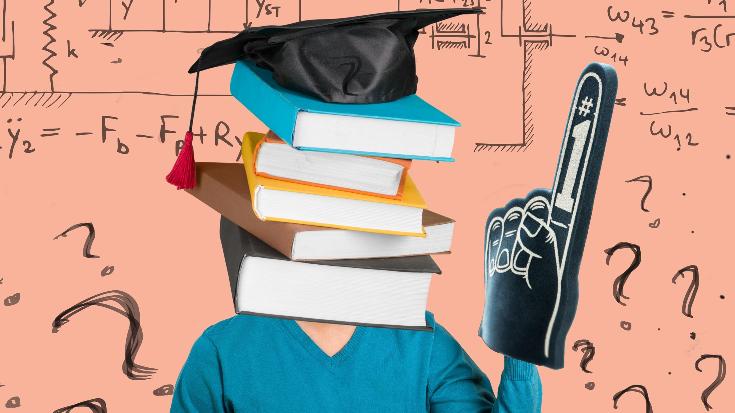 person with stack-of-books head wearing a graduate's cap and a 'number 1' foam finger, illustration