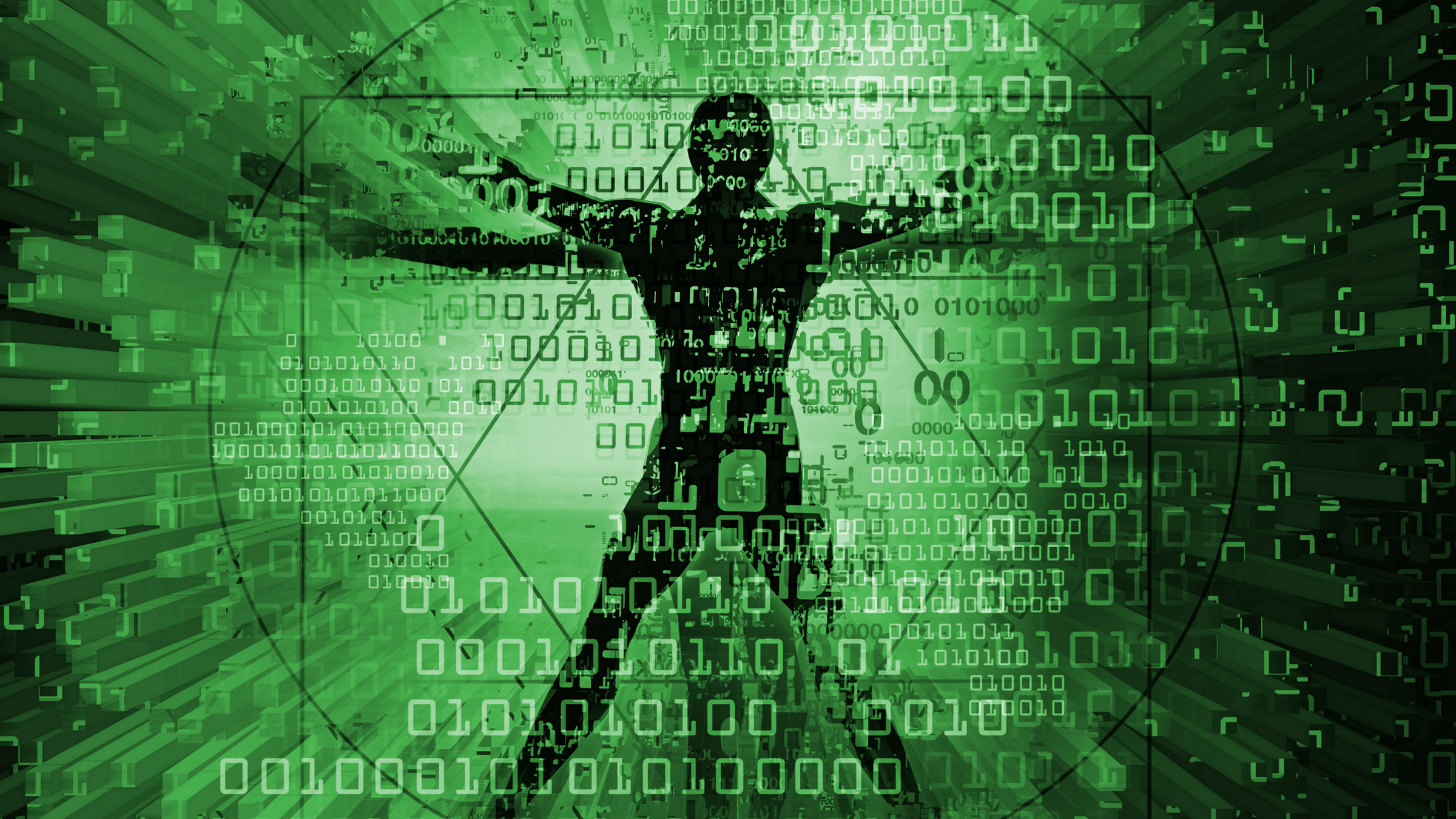 vitruvian man on green binary code background, illustration