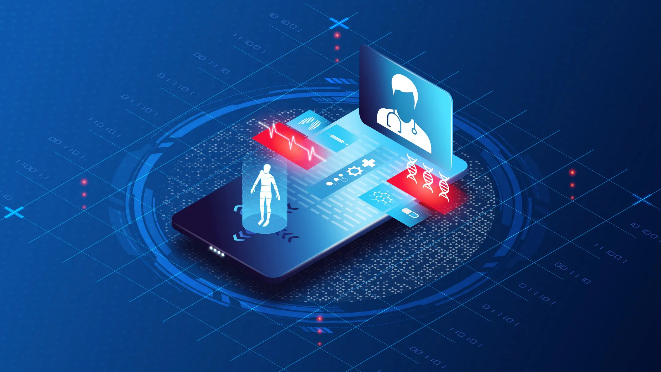 doctor and patient representations on smartphone-based telehealth image, illustration