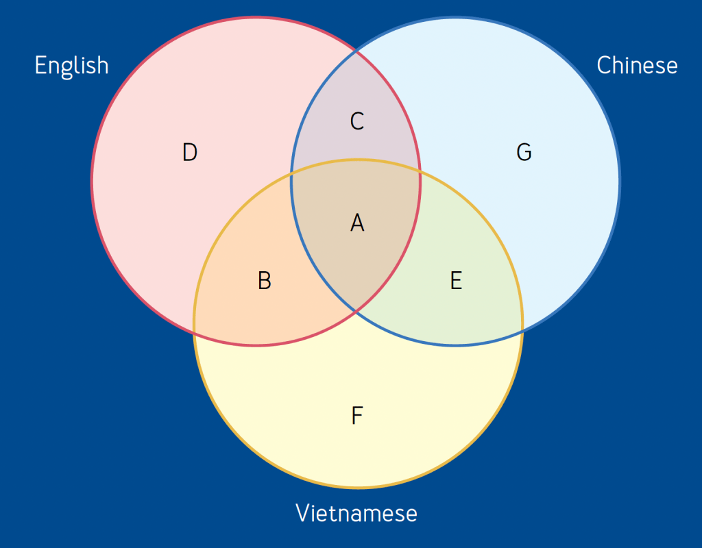 Three different colored circles, each meant to represent a different language (English, Chinese, and Vietnamese), and showing where they overlap.