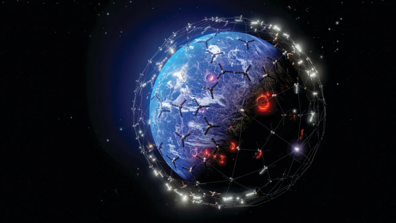 network of satellites encircling a planet, illustration