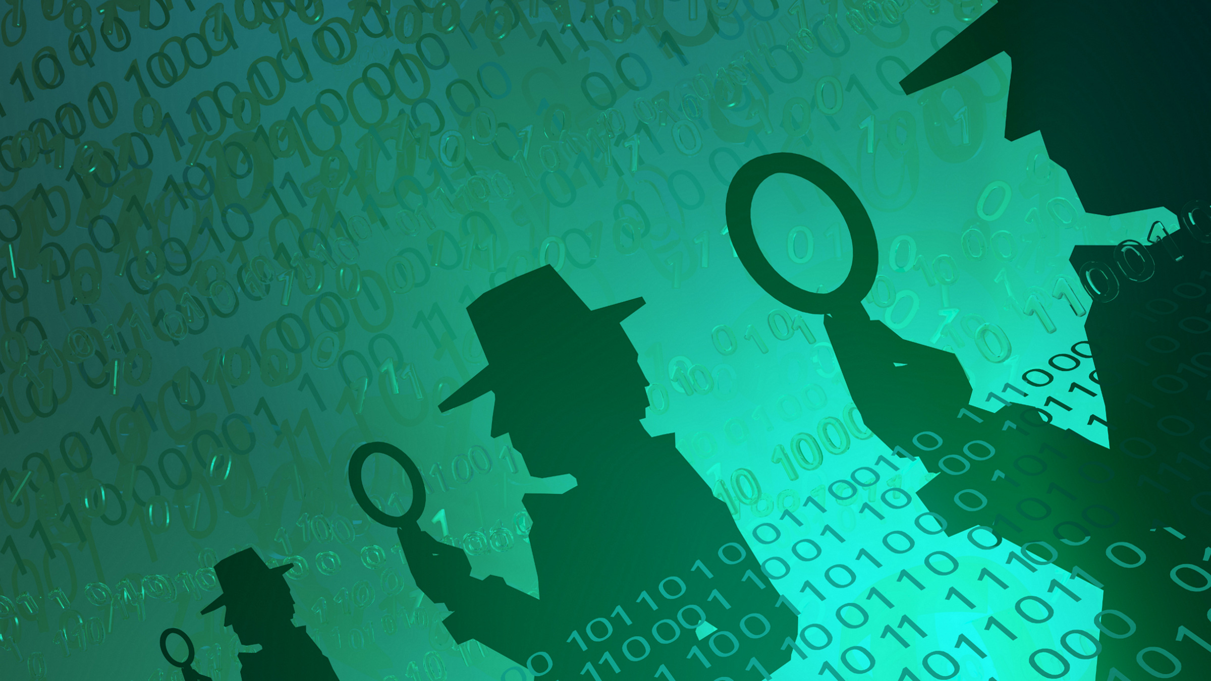 shadow figures holding magnifying glasses, binary code background