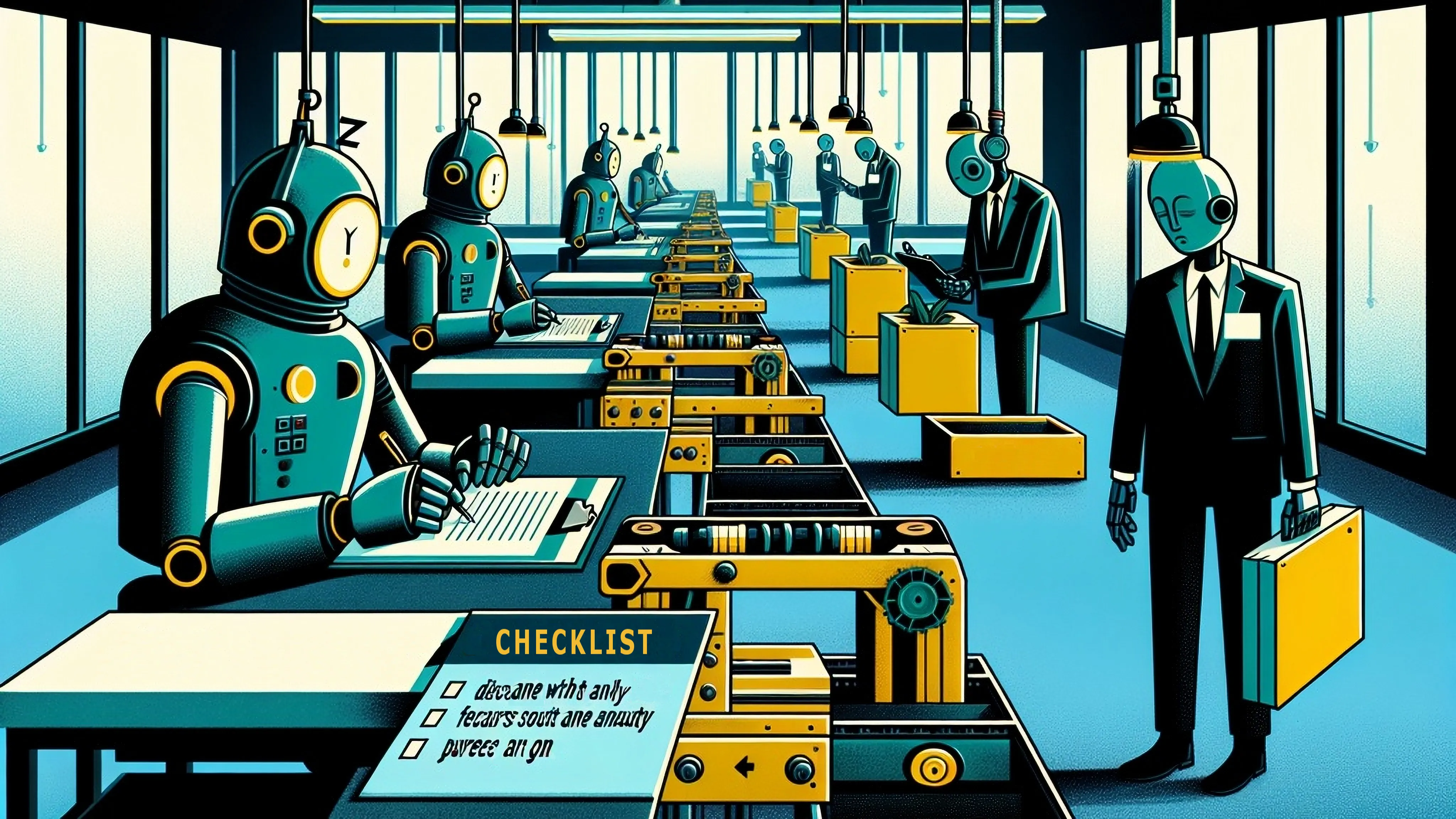 robots examining checklists, illustration