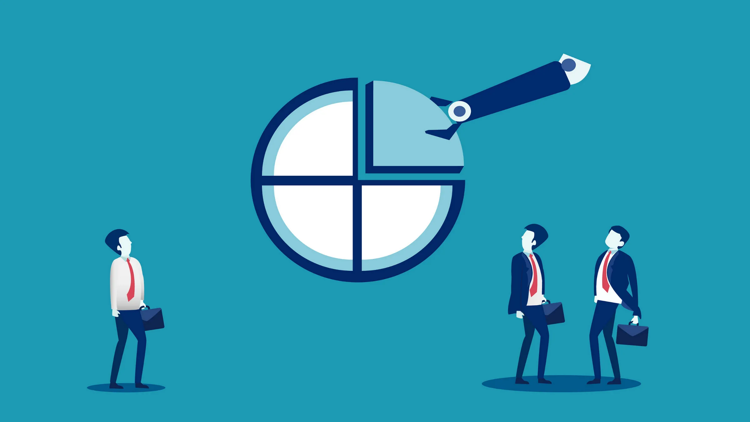 businessmen watch robotic arm grab a piece of pie chart, illustration