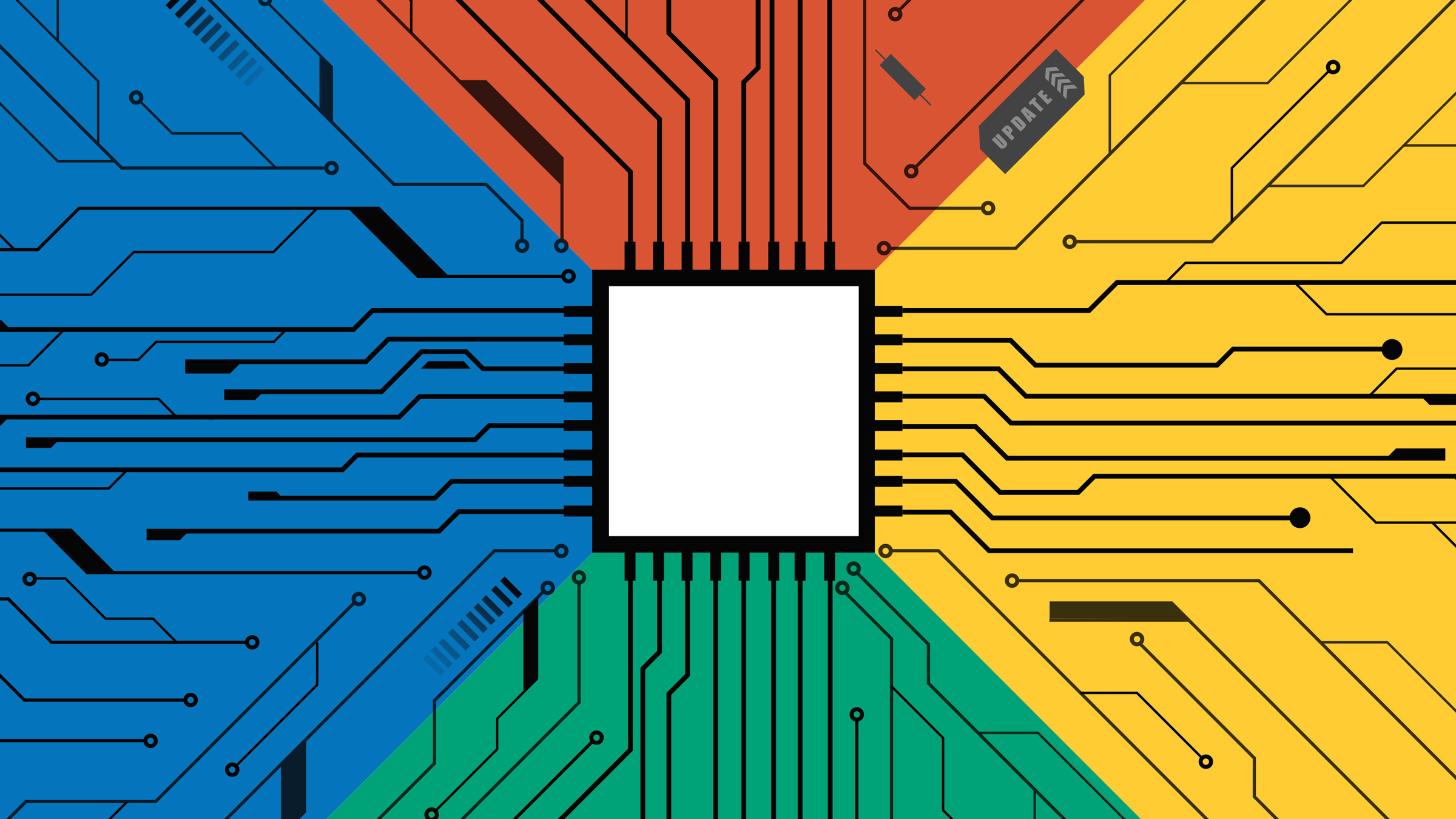 chip and circuit board in Google's color palette, illustration