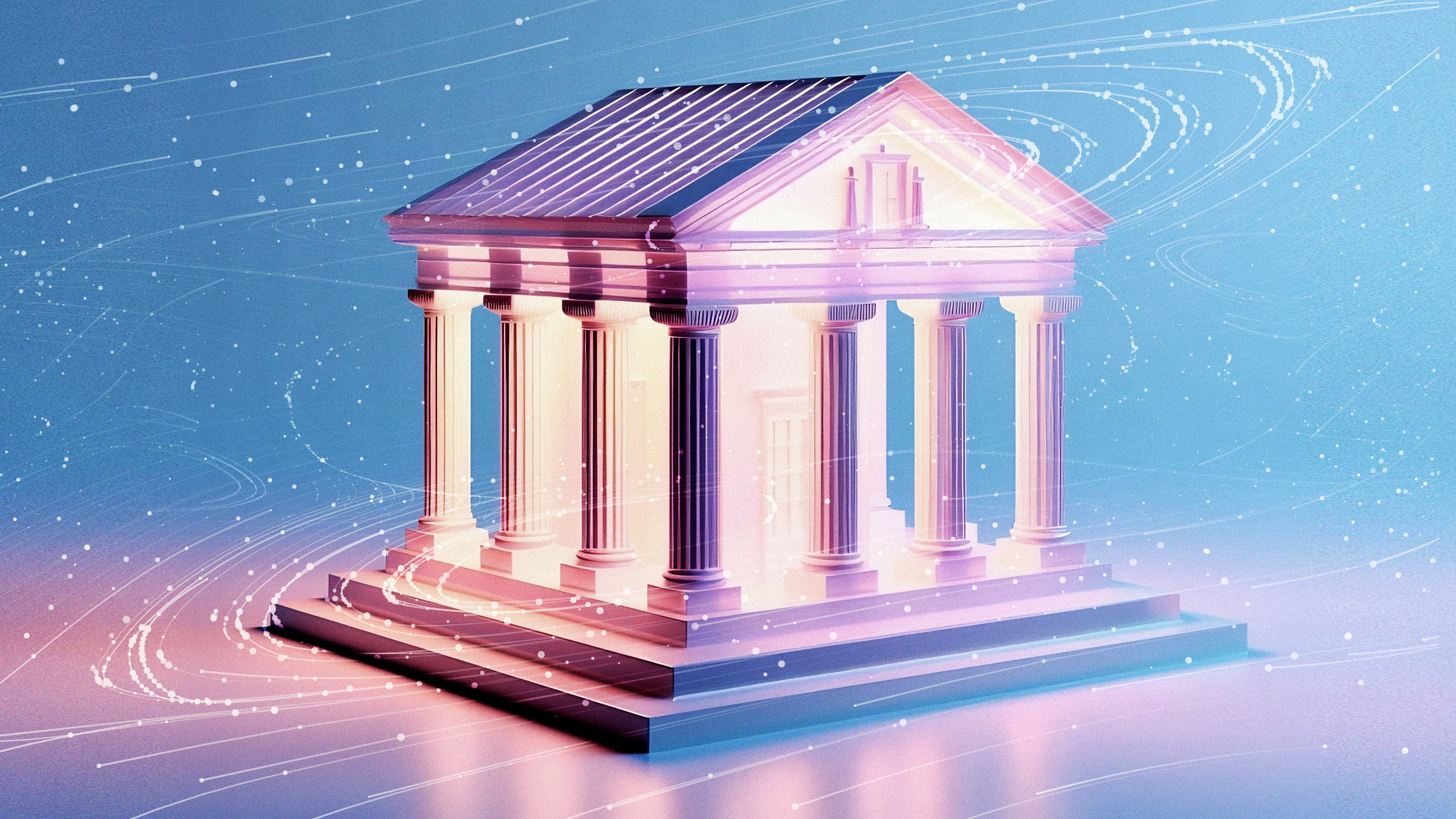 swirling lights encircle classical structure, illustration