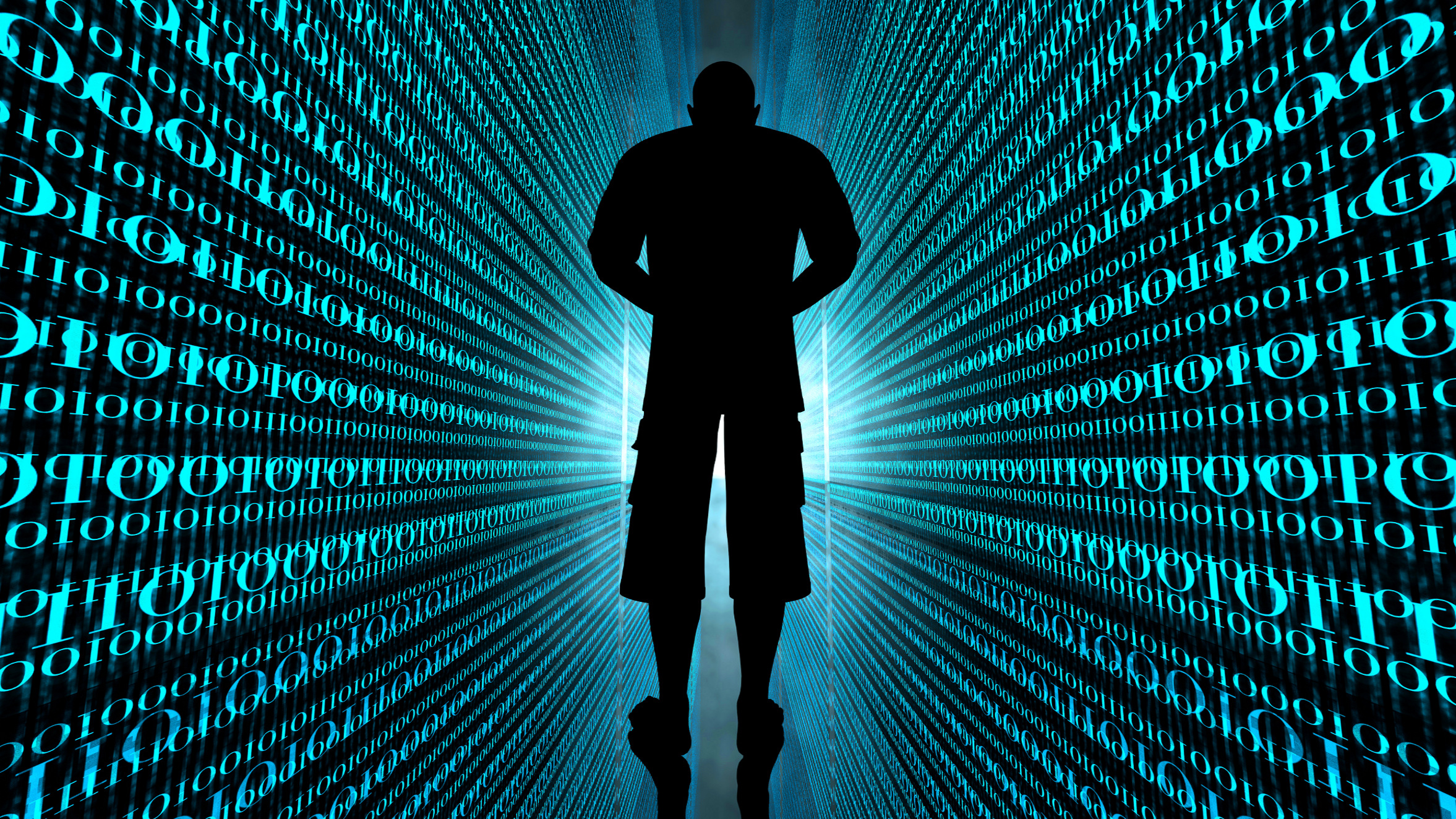 man standing between infinite lines of code, illustration