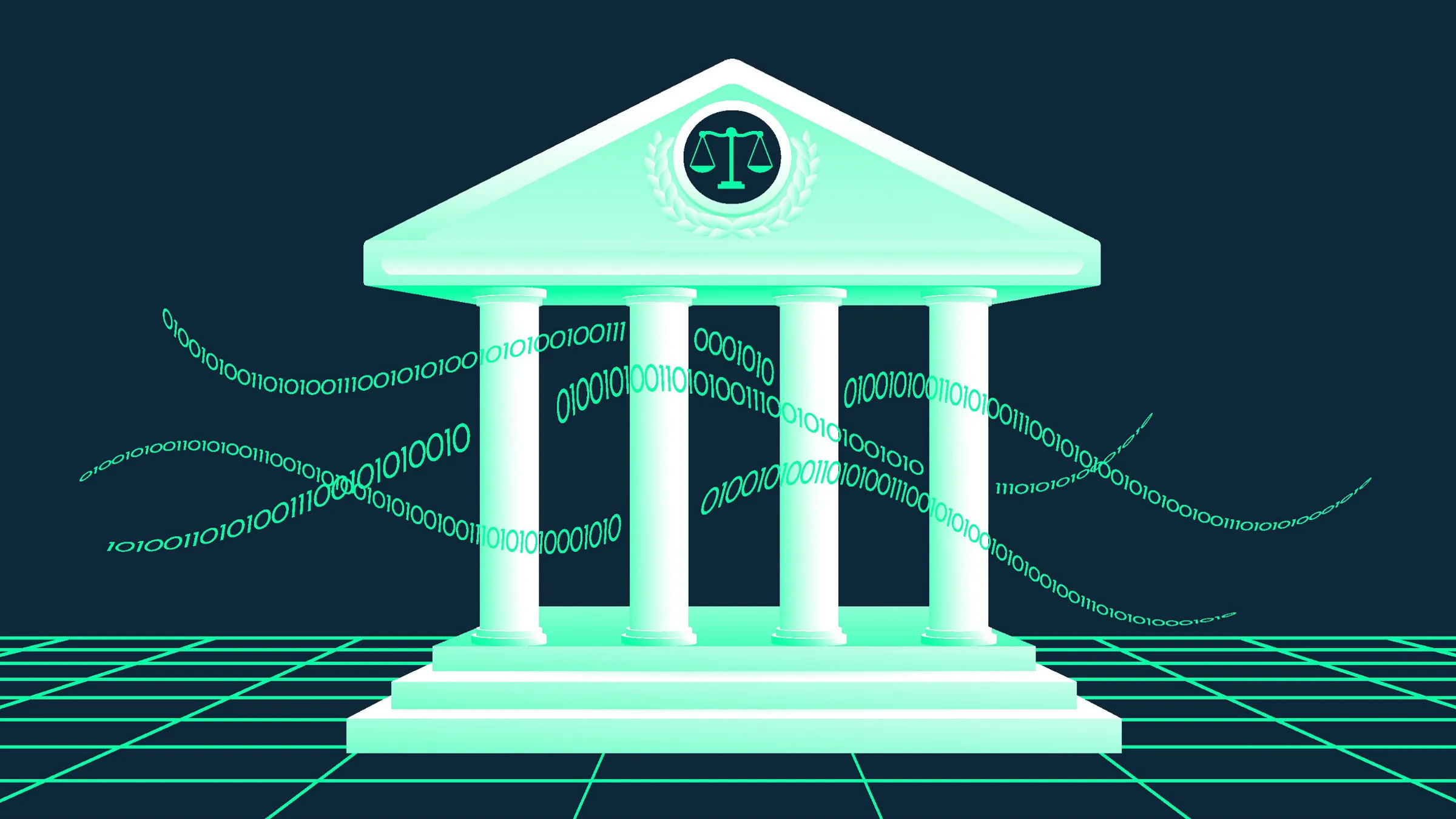 AI courthouse with binary code lines, illustration