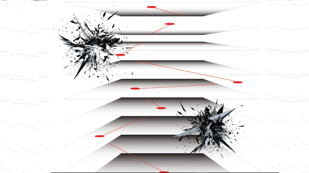 crashing starburst figures with red dots in background, illustration