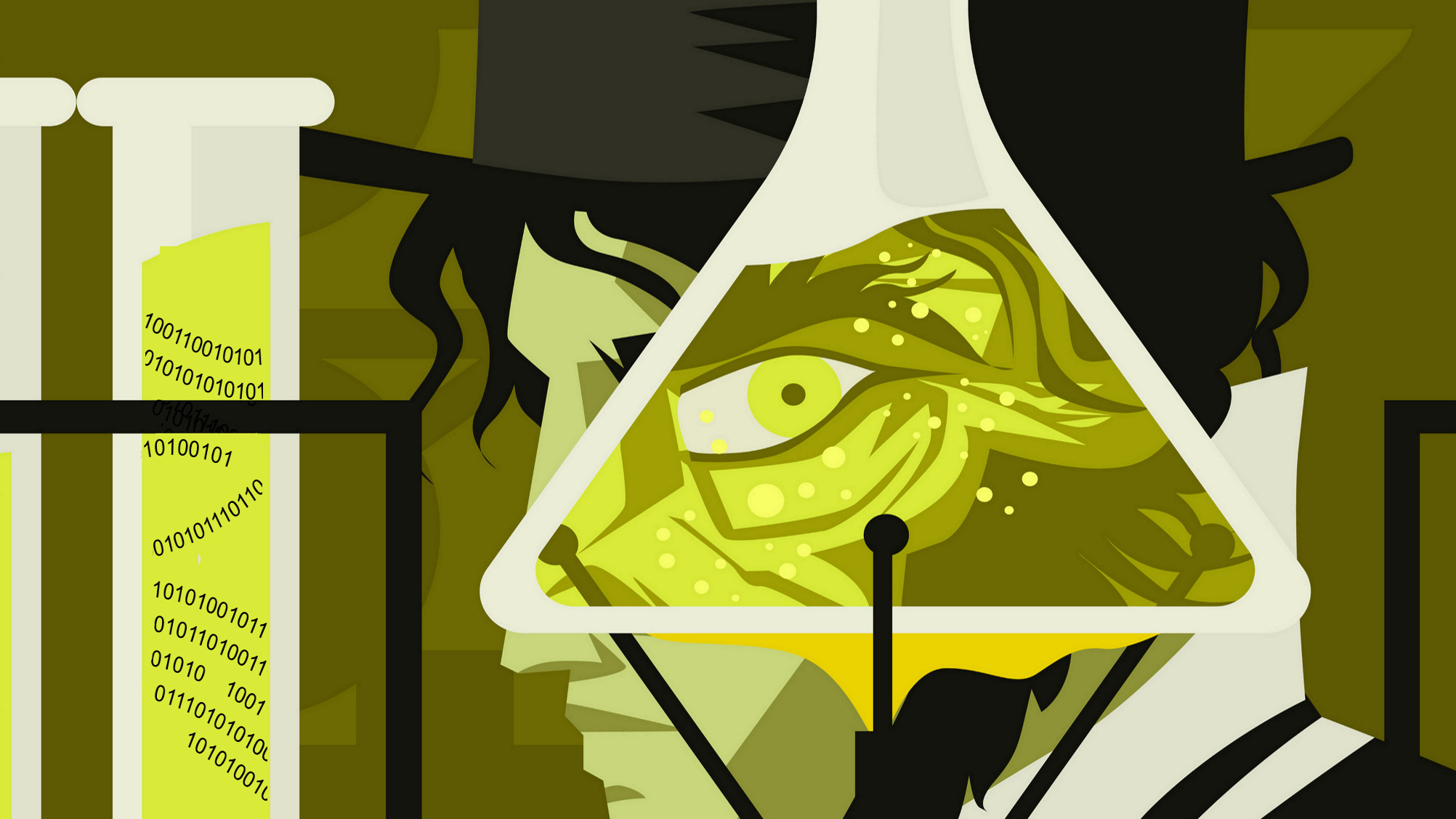 Jekyll-Hyde figure and test tube with binary data