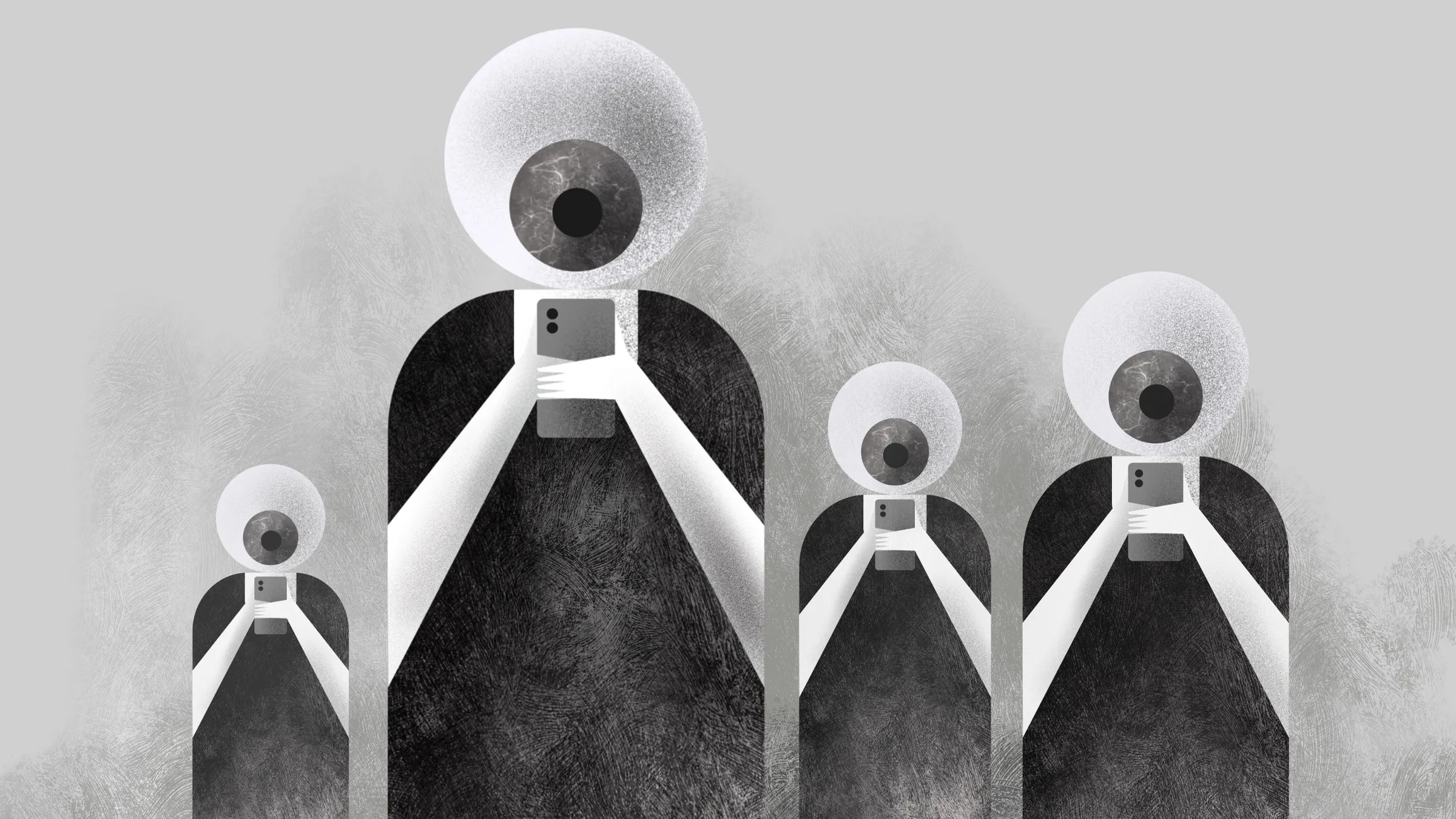 eyeballs as heads looking at mobile phones