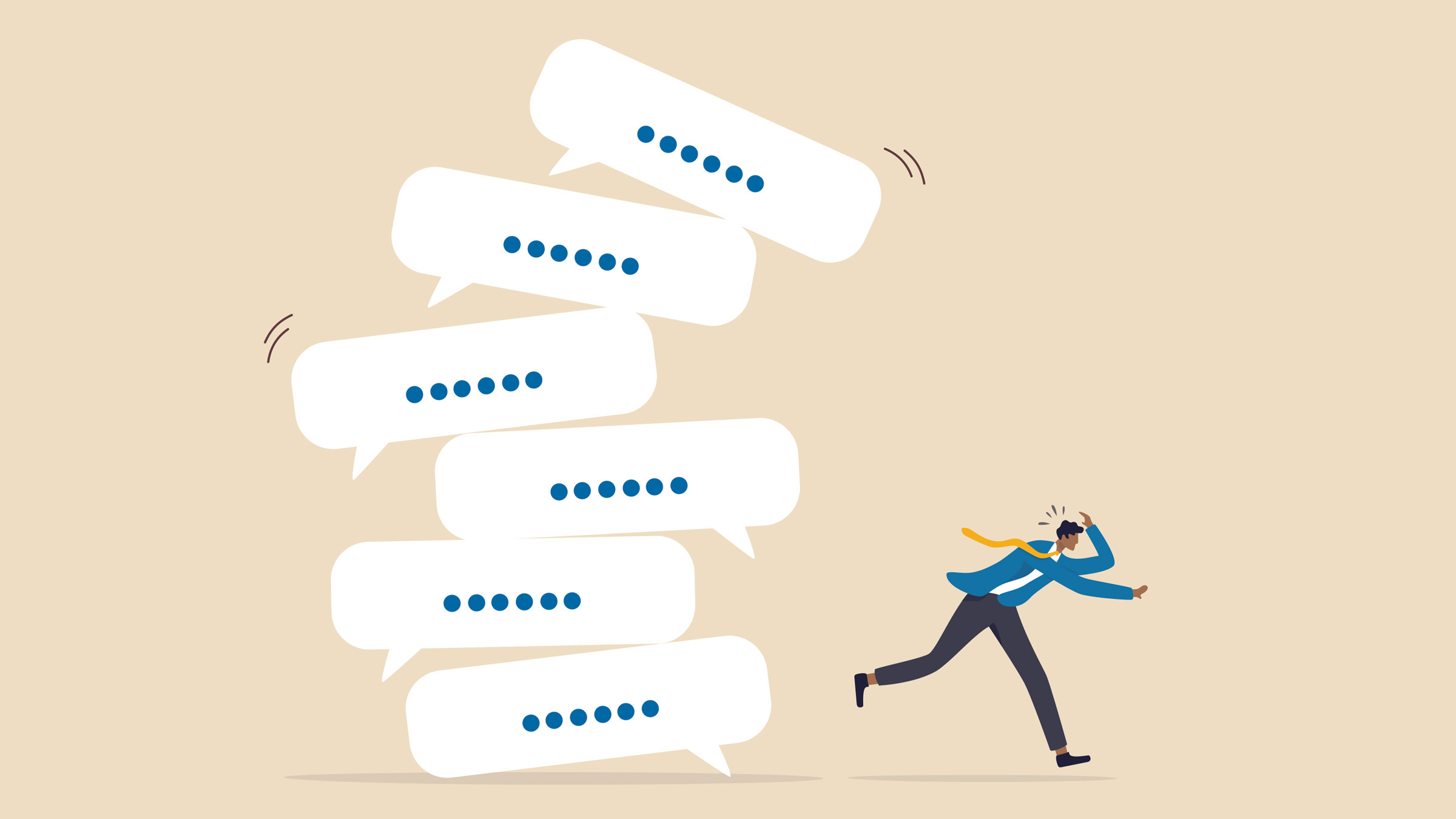 person running from multiple text icons, illustration