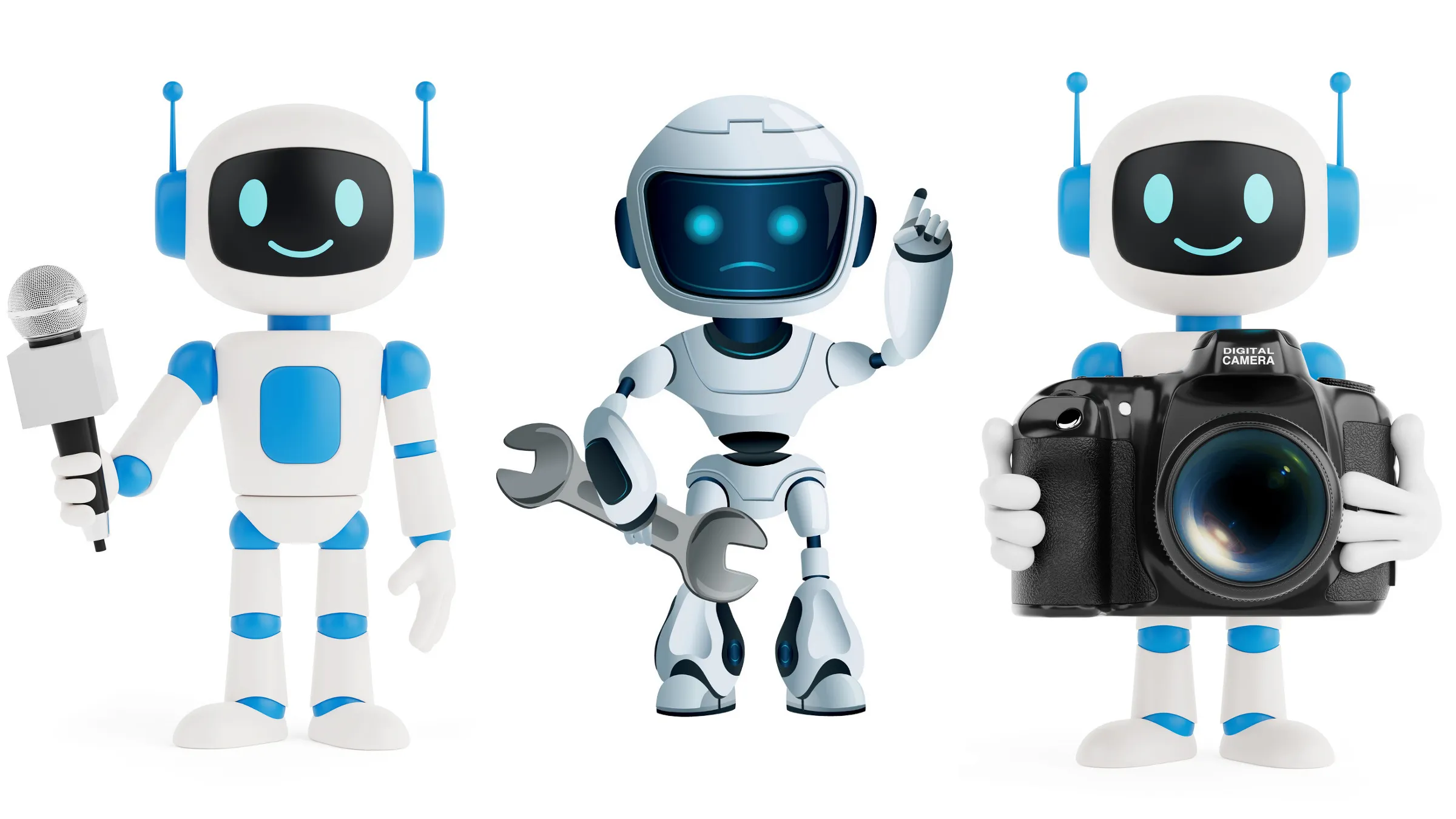 robots holding a microphone, a wrench, and a camera