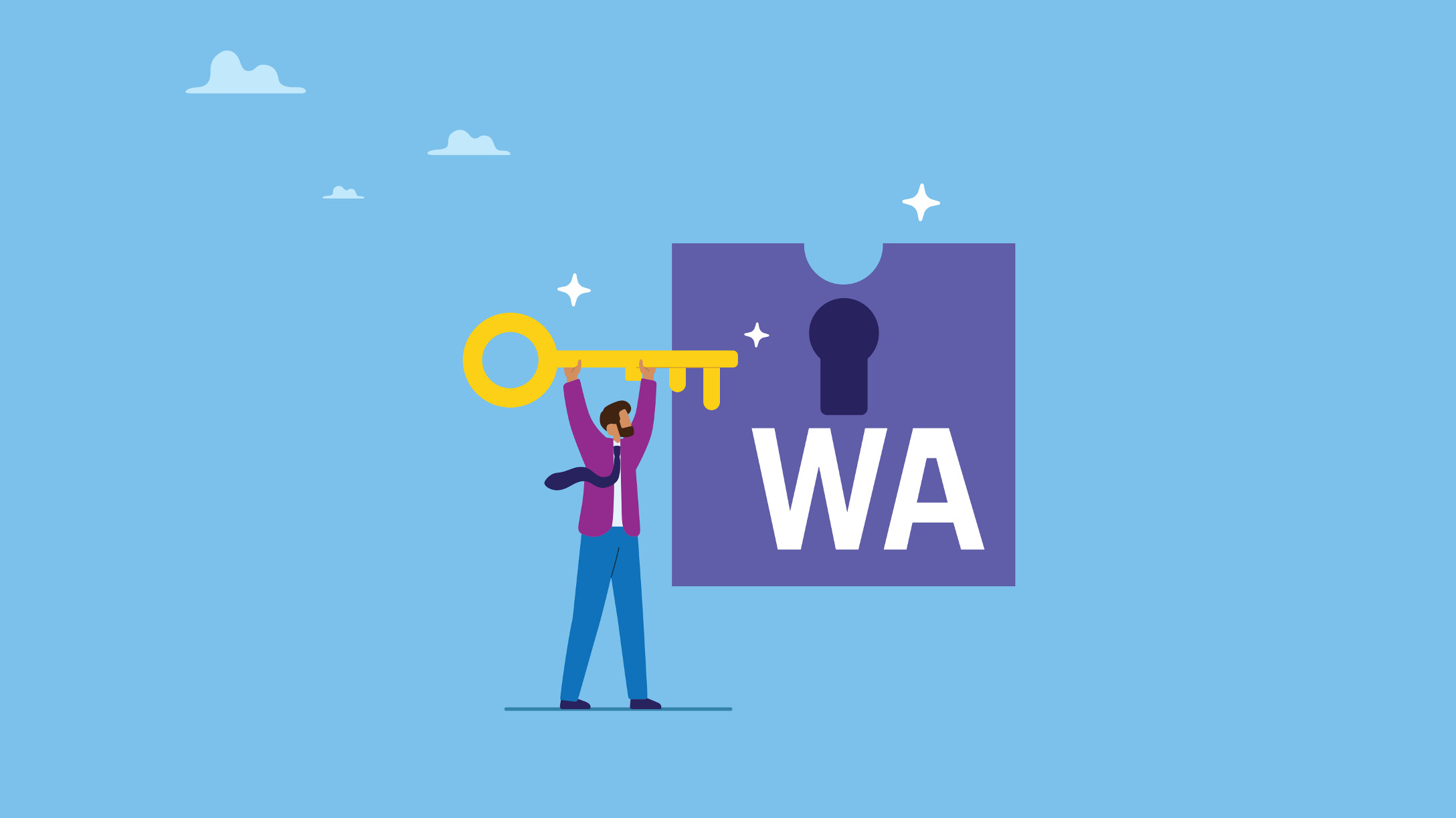 man holding giant key to giant lock, illustration