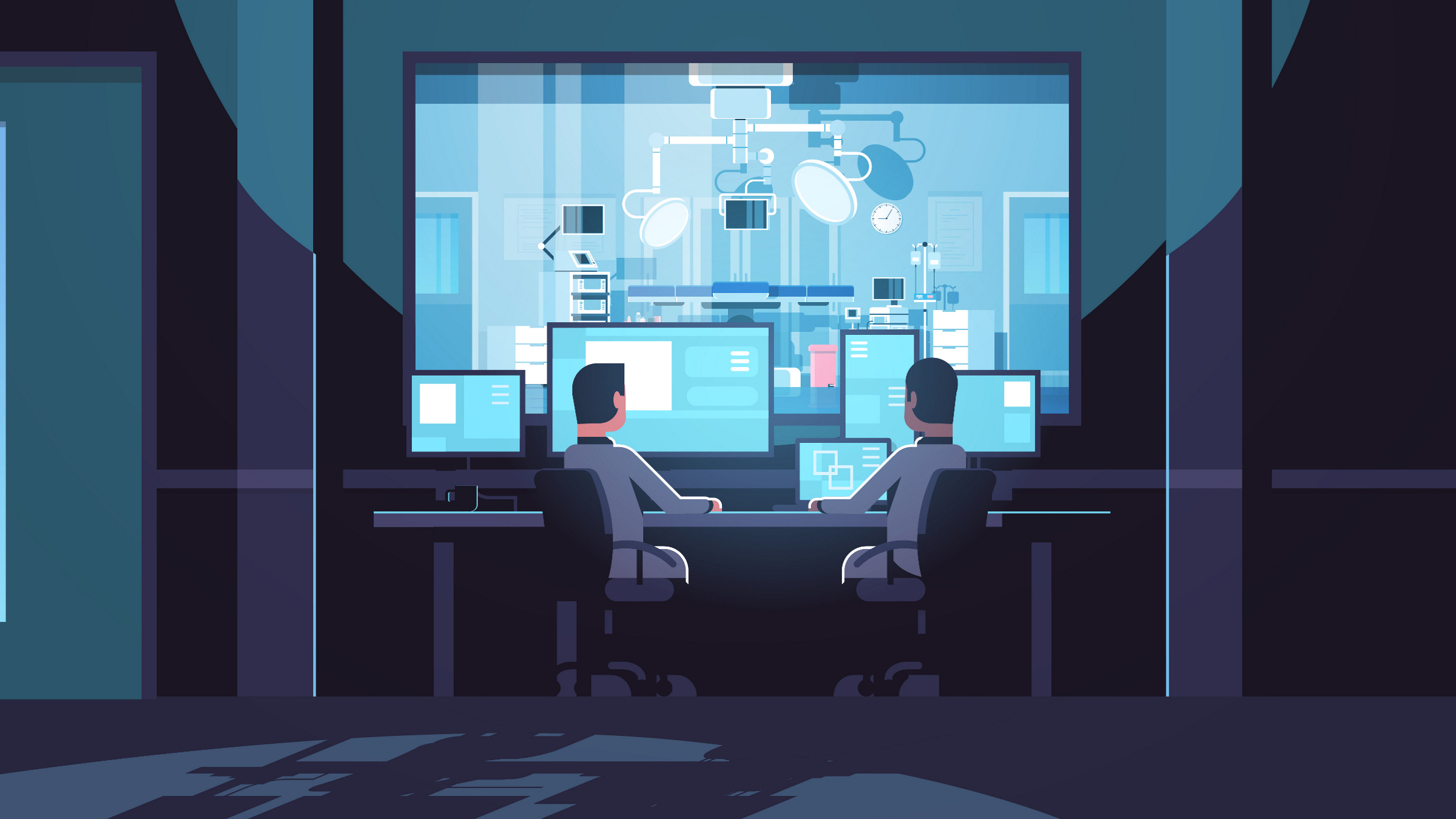 two men looking at monitors