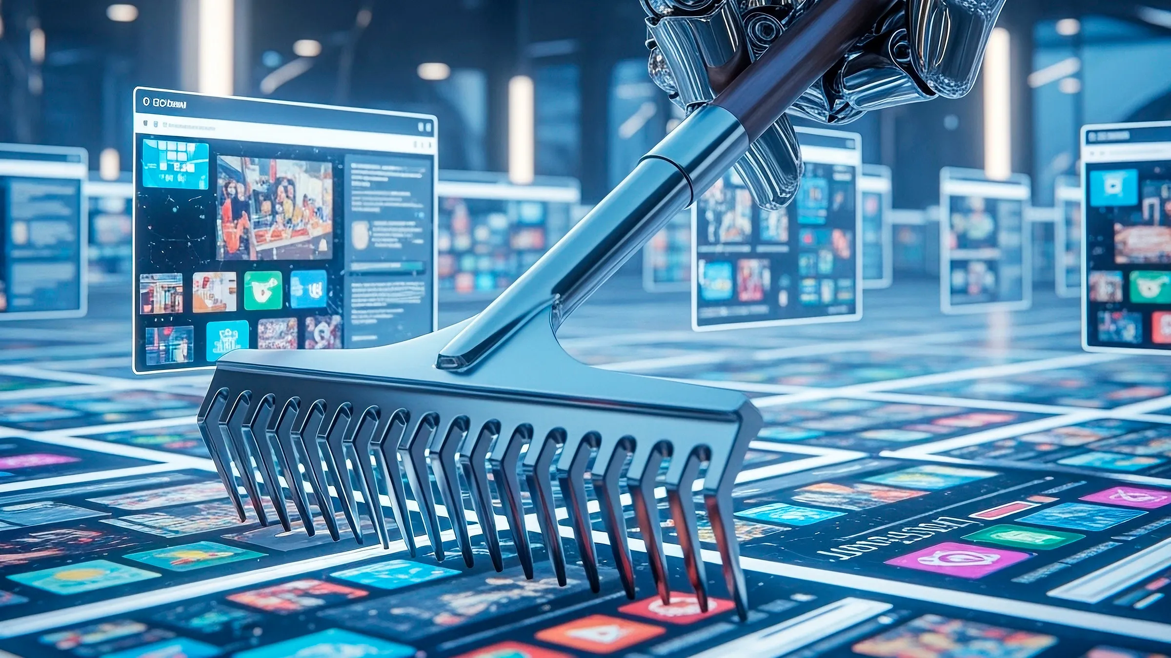 robotic hand holding a rake moving over a floor of web pages