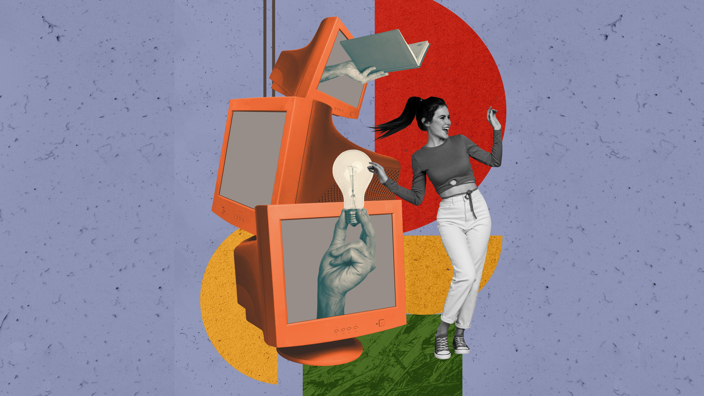 happy business worker standing near PC monitors